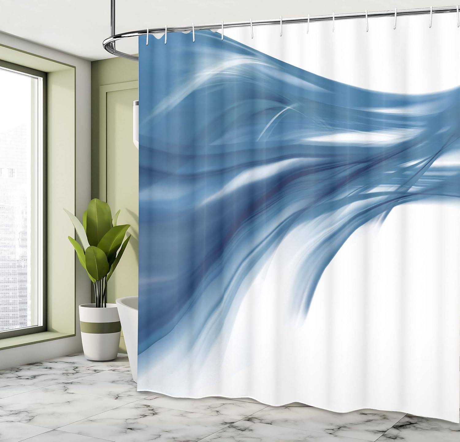 Ambesonne Abstract Shower Curtain, Modern Contemporary Abstract Smooth Lines Blurred Smock Art Flowing Rays Print, Cloth Fabric Bathroom Decor Set with Hooks, 69" W x 70" L, Blue Sea