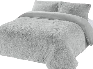 Rohi Luxury Faux Fur Fleece Duvet Cover Set – Cuddly Long Pile Teddy Fleece Bedding Set – Hypoallergenic – Washable – Thermal Quilt Fluffy Bedding with Pillowcases (Silver, King)