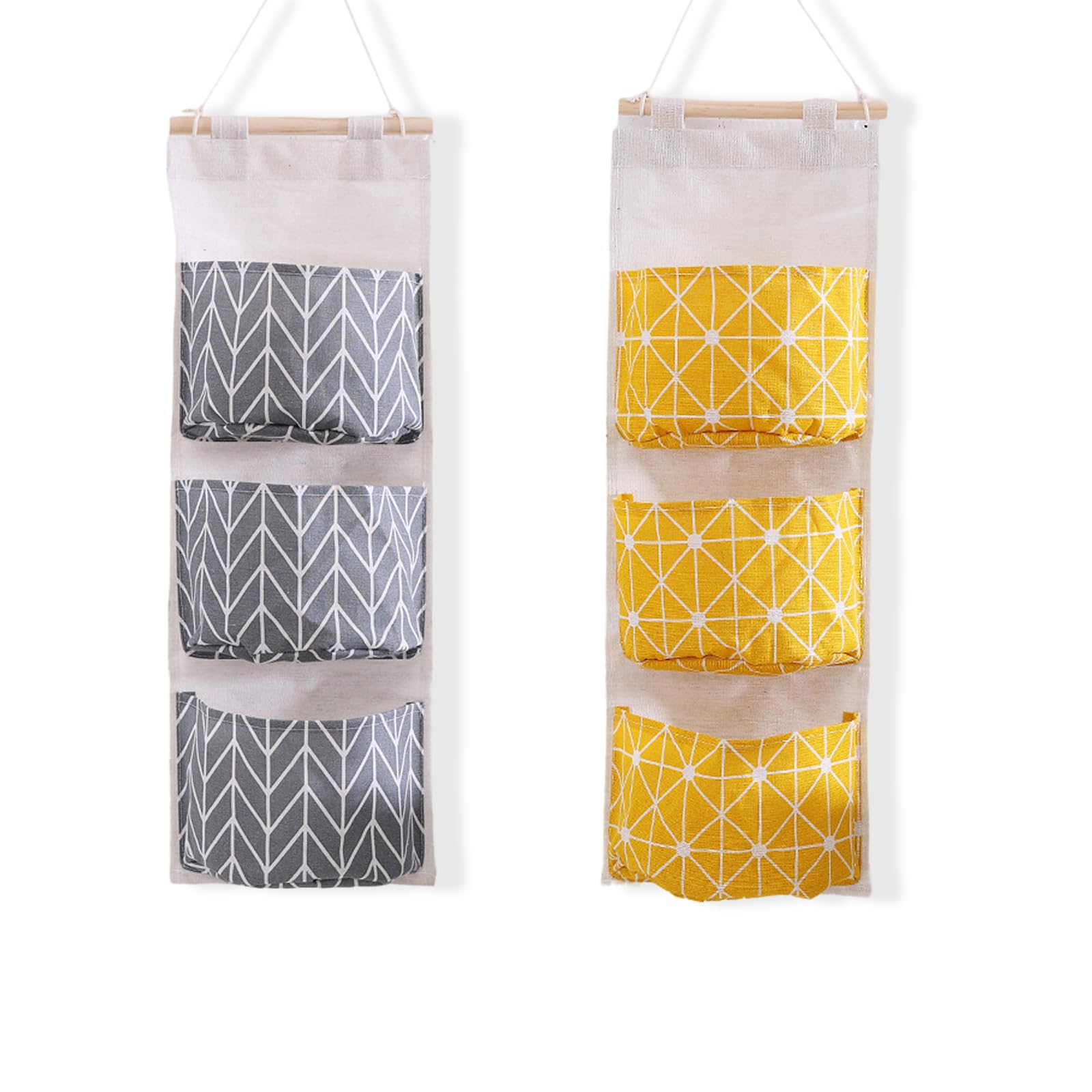 TARGONIX 2PCS Hanging Storage Organiser with Three Pockets, Cotton Linen Wall Storage for Door and Wardrobe, Waterproof Backing Hanging Storages for Bathroom and Home
