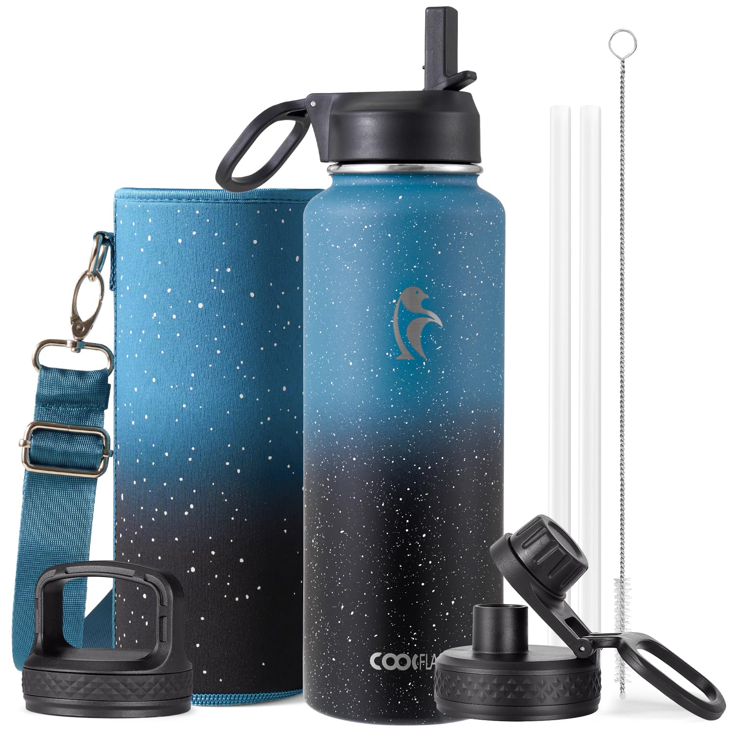 Coolflask 1180ml Insulated Water Bottle with Straw & 3 Lids, Metal Water Bottle for Sports or Office, Double Vacuum Leak Proof Cold and Hot Water Bottle, Turquoise — image 1