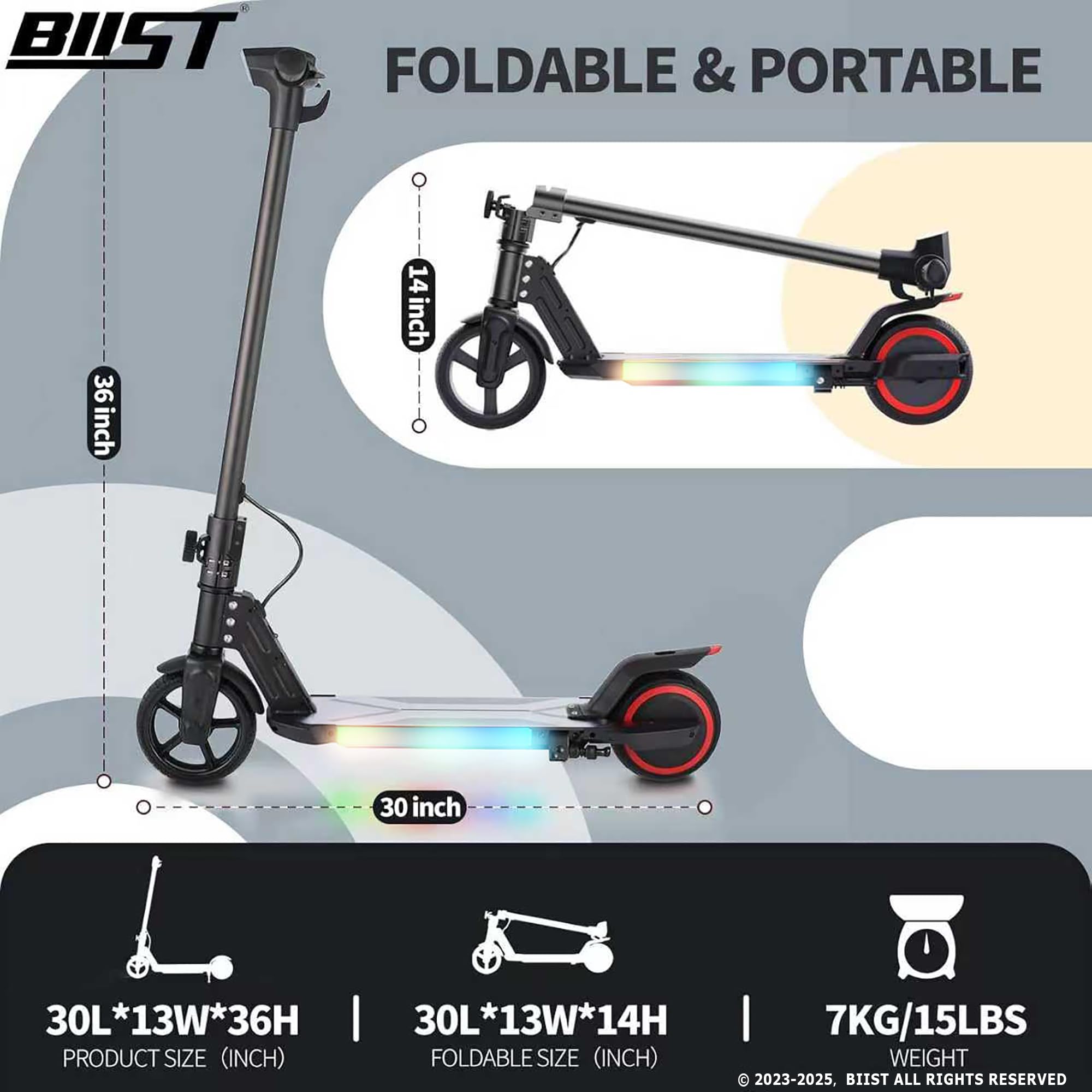 Patinete eléctrico plegable negro para niños, con luces de cabeza LED, luces de barra frontal brillantes, luces brillantes en el pedal, pantalla LED, motor de doble freno de 150 W, scooter 5