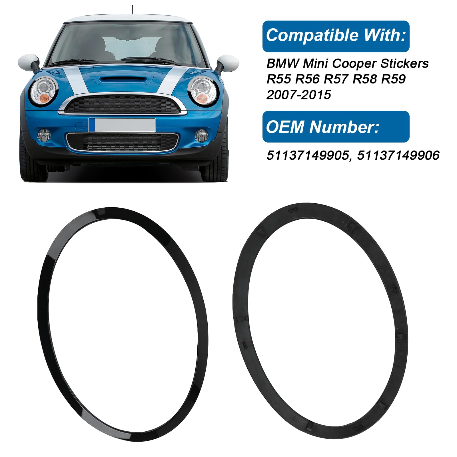 JAOGAUS Anello Fanale Compatibile con BMW MINI COOPER R55 R56 R57 R58 R59 2007-2015, Fanali Anteriori Sinistro e Destro, Nero