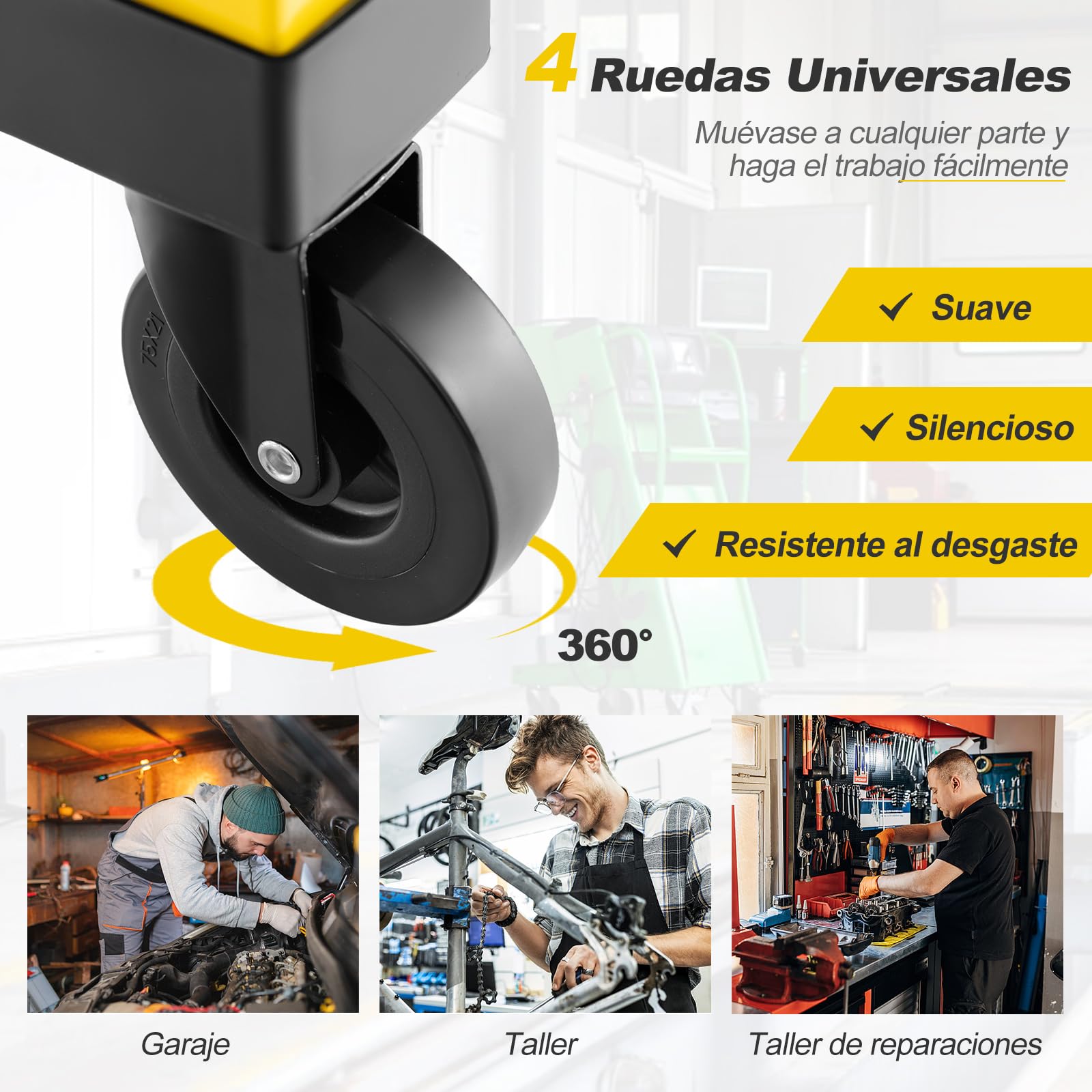 GOPLUS Taburete de Taller con Ruedas, 67-80 cm Altura Ajustable, Taburete Mecánico con Bandeja para Herramientas y 4 Ruedas Universales, Carga 150 kg, Asiento Giratorio para Garaje Taller (Amarillo)