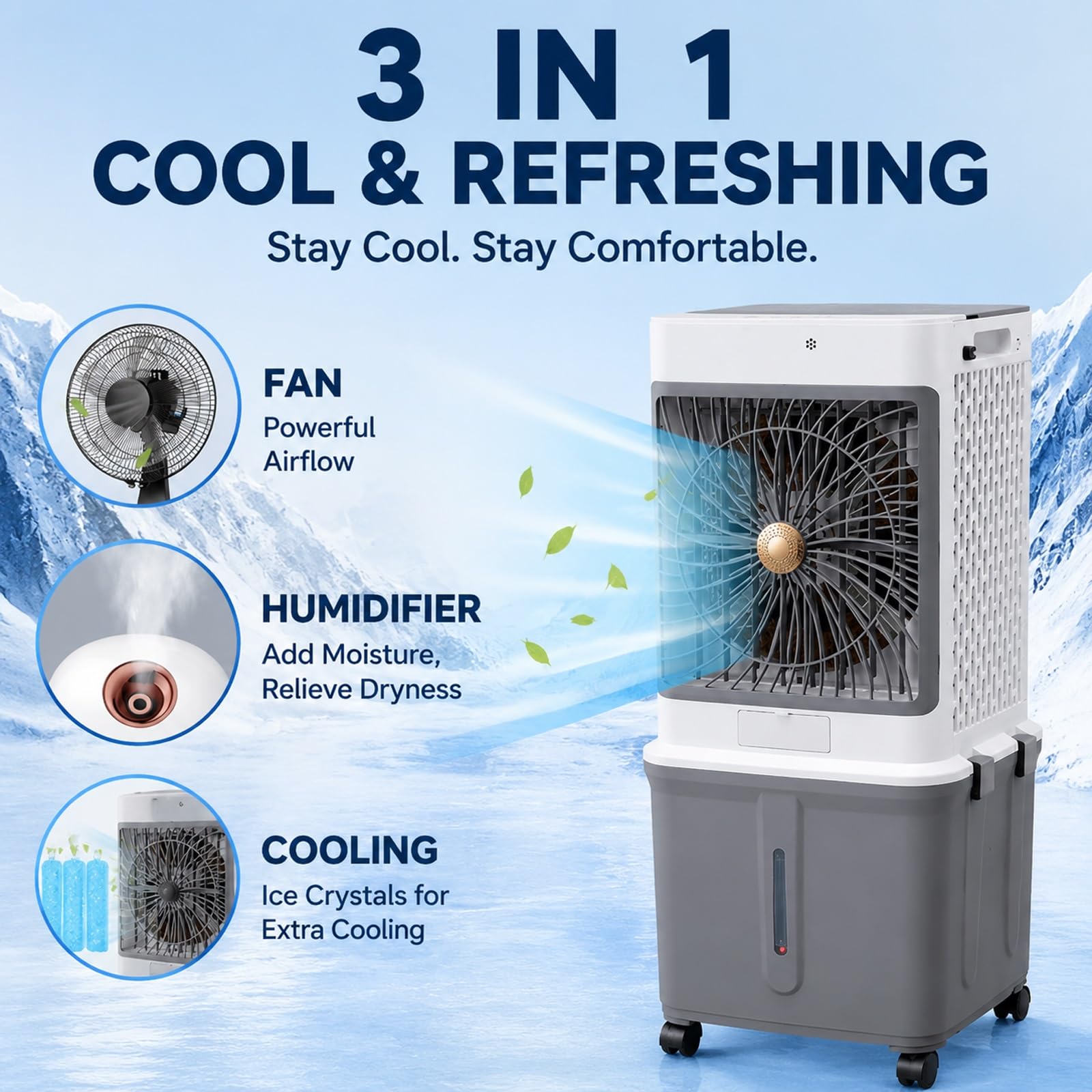 Aria Condizionata Portatile Serbatoio Dell'acqua Da 35L, Raffrescatore | Raffreddamento Rapido in 3 Minuti, Telecomando, per Soggiorno, Camera da Letto e Studio 38×34×85cm, 110-220V(Gray)