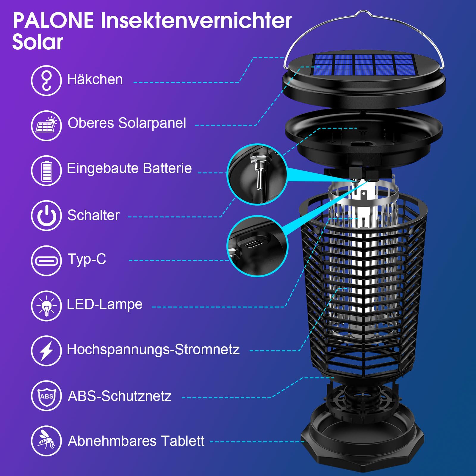 PALONE 4500V Hängbarer Insektenvernichter Elektrisch Solar, Ausgestattet mit Einem Einstellbaren 5,5W/5V-Solarpanel und Einem 3,5m Langen Kabel, Geeignet für den Innen, Garten und Outdoor-Aktivitäten | USB-C Mückenlampe mit Einem Einstellbaren 5,5W/5V-Sol