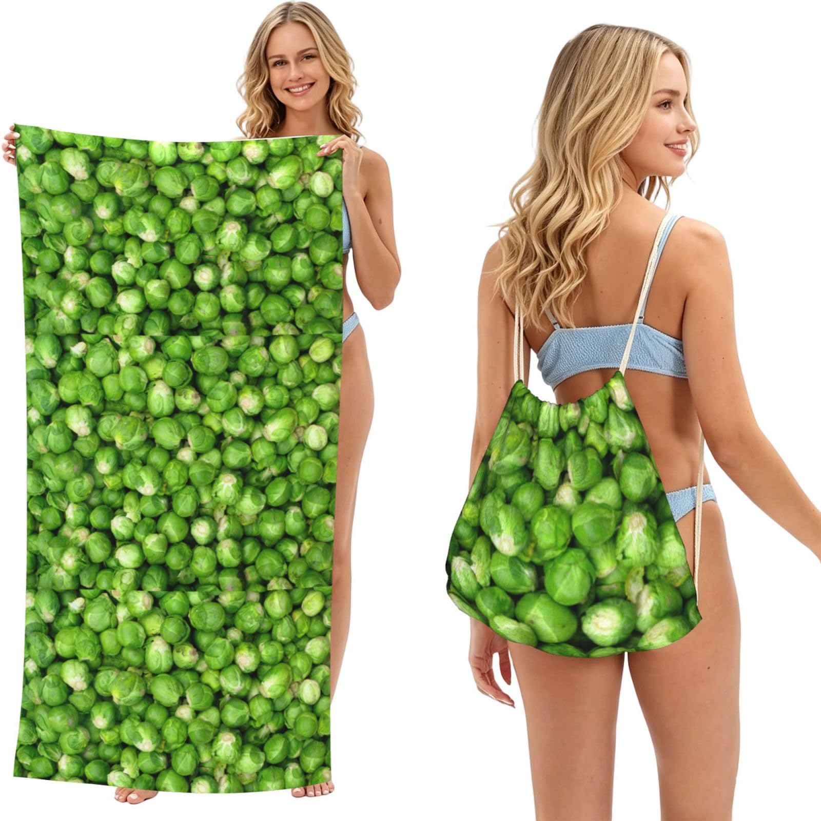 Poadnly As Picture Green Vegetables, 2 In 1 Packable Towel Bag, Beach Towels With Drawstring Backpack For Travel Holiday Camping