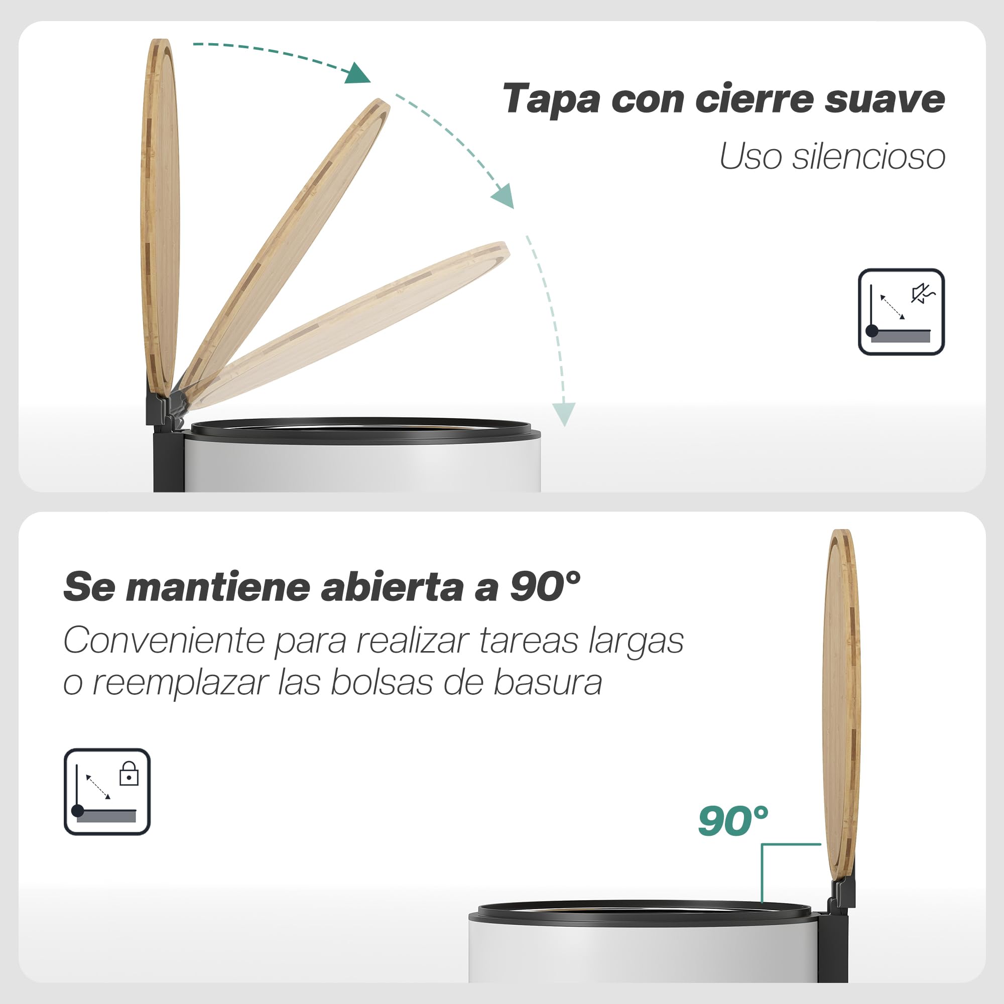 HOMCOM Cubo de Basura Cocina con Pedal, 30L, Papelera de Cocina Metálico con Tapa de Cierre Suave y Cubo Extraíble, para Dormitorio, Oficina, Estudio y Salón, 36x30x60,5 cm, Blanco y Madera Natural