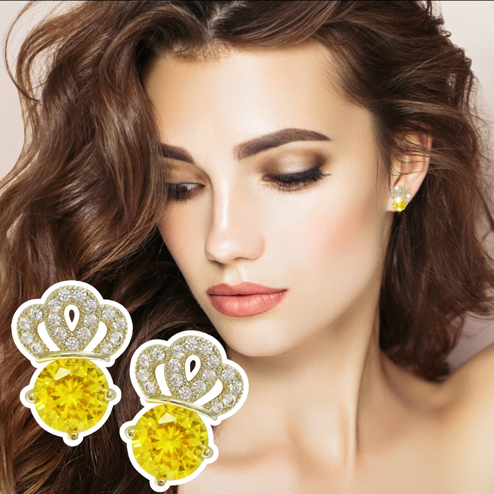 LYGXWJFC Brosche Gold Krone Strass Ohrringe für Frauen Mädchen Krone Strass Ohrclip Ohrringe dünn baumeln Elegante Gebogene Strass Ohrringe Hochzeit Ohrringe für Frauen Kleidung Clip Brosche (Farbe:
