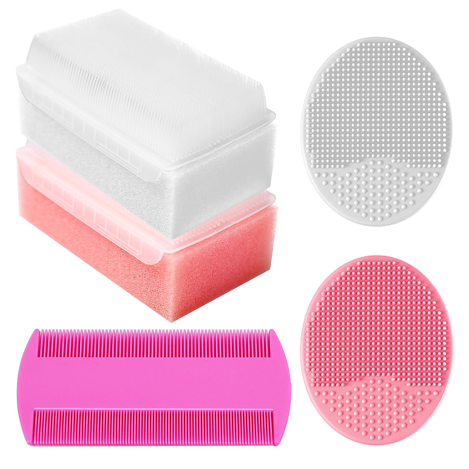 Cradle Cap Brush for Babies, Baby Bath Essentials with Silicone Scrubber Bath Sponge Dual-Sided Comb for Newborns Toddlers Boys Girls (Pink, Set of 5)