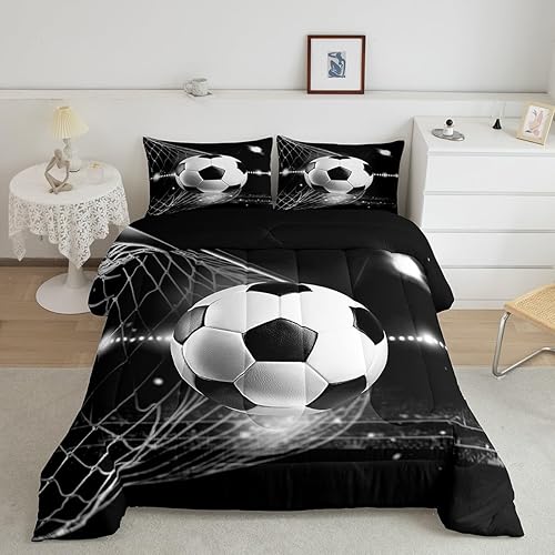Juego de ropa de cama con estampado de fútbol para niños, color blanco y negro, juego de edredón de fútbol para niños, adolescentes, juego de