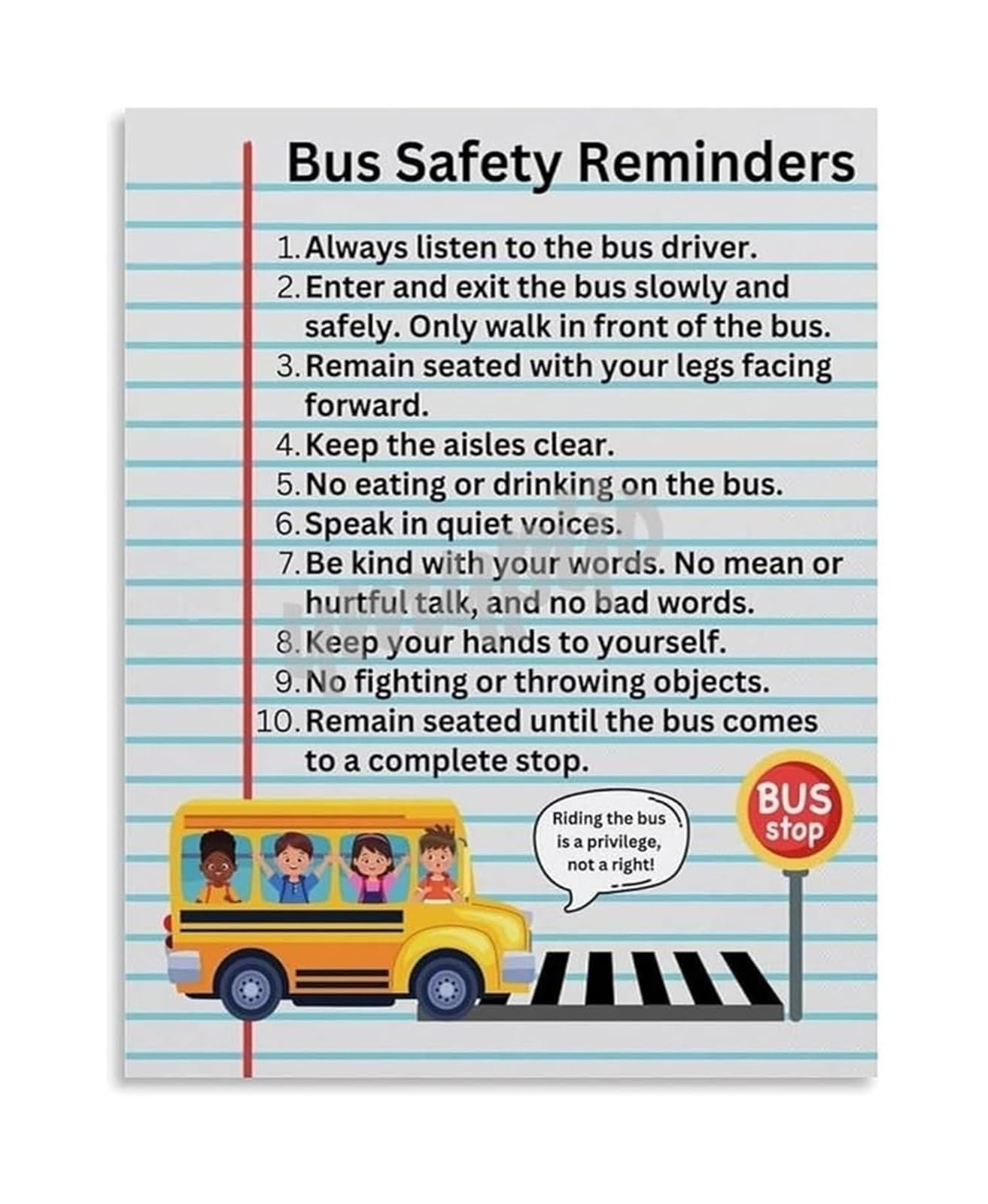 PKNVKZIDK Room Decor School Bus Rules Poster Educational Chart Canvas Wall-Art for Playroom and Transportation Office Framed,08x12inch(20x30cm)