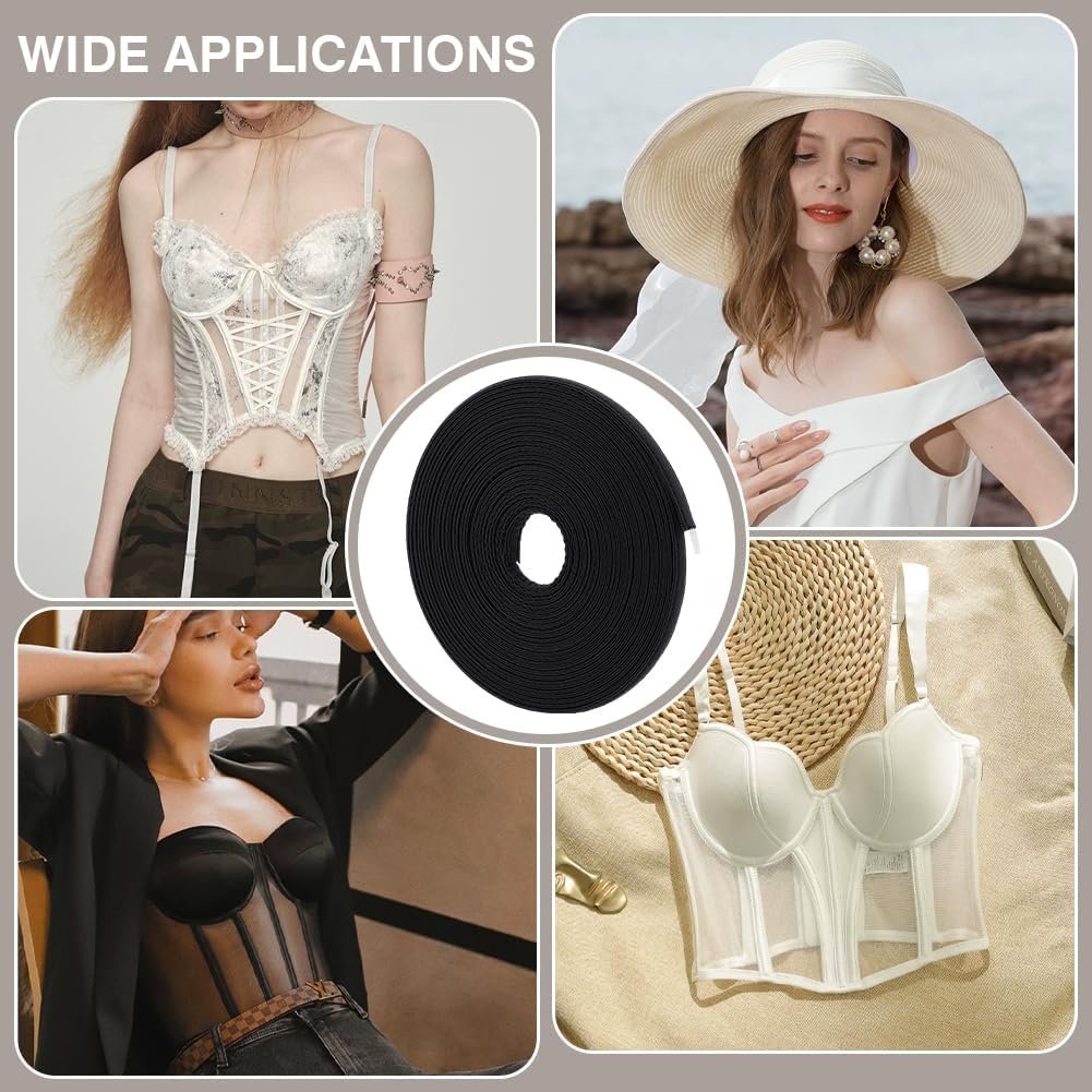 BENECREAT 10Yard Cotton Covered Boning,12mm Polyester Boning Black Bra Boning Poly Boning Sewing Garment Accessories for Corsets Bridal Gowns Lingerie Hats Dress