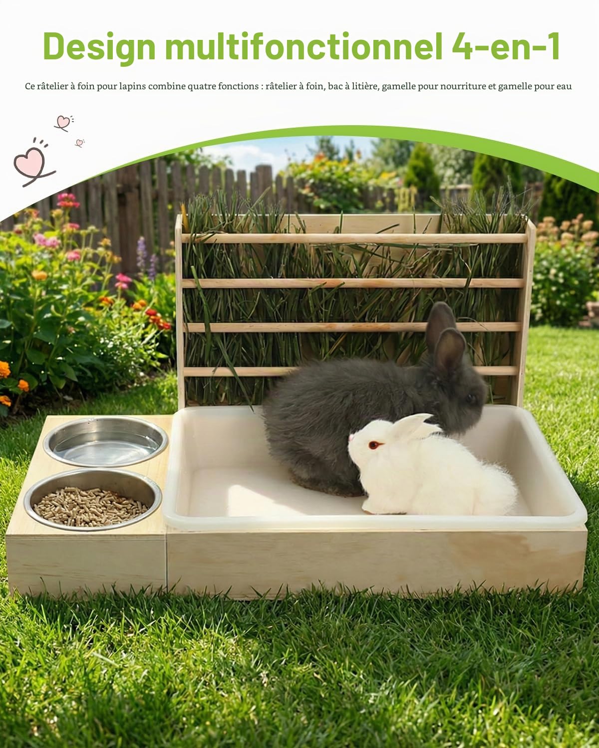 Mangeoire à Foin pour Lapin avec 2 Gamelles, 4 en 1 Couleur Bouleau | Distributeur de Nourriture en Bois, pour Lapins, Cochons d'Inde, Chinchillas, Lapins et Autres Petits Animaux 54x36,5x28 cm