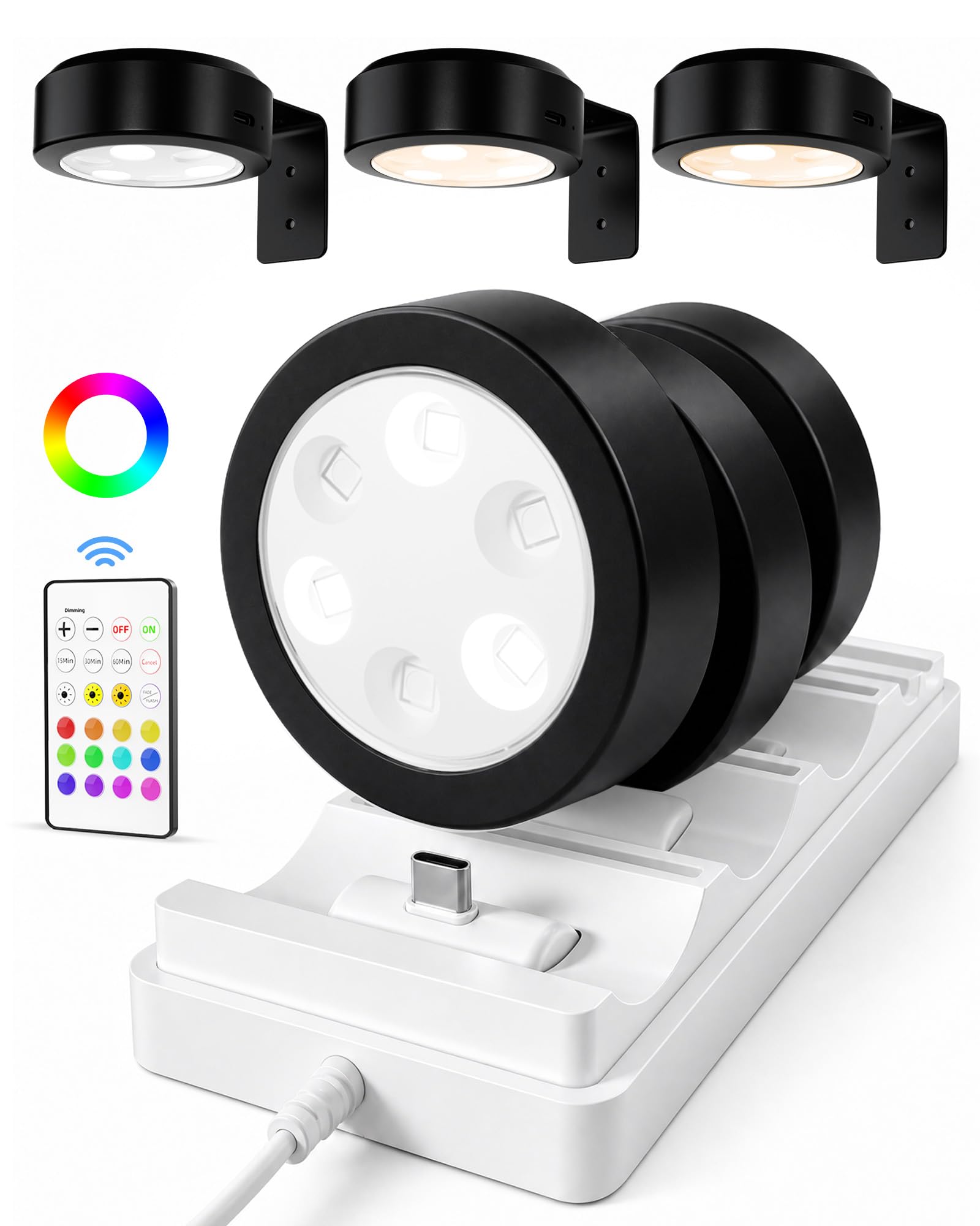 EZVALO Picture Lights for Wall, Rechargeable Battery Magnetic Poster Lights with 3 Color Temps & 12 RGB, Remote Dimmable Timer Light, Wall Decor Light for Art Display (6 Pack with Charging Station)