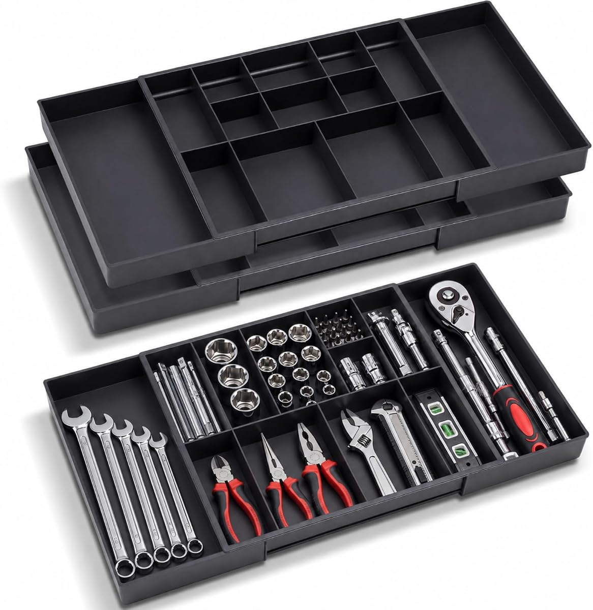 Paquete de 2 bandejas organizadoras de caja de herramientas expandibles, 12 + 2 compartimentos | Se ajusta de 12 a 20,5 pulgadas, se adapta a cajas de herramientas, bancos de trabajo y cajones de almacenamiento, plástico duradero, se usan juntos o por separado