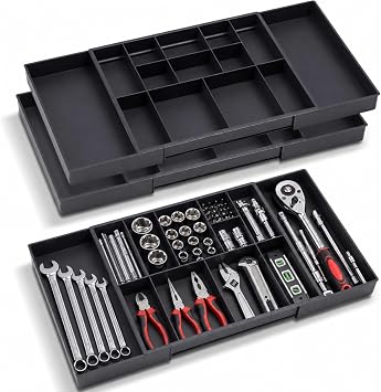 2 Pack Tool Box Organizer Tray Divider, Expandable Desk Drawer Organizer with 12+2 Compartments, 12-20.5 Inch Large Toolbox Storage Tray, Toolbox for Rolling Tool Chest Cart Workbench