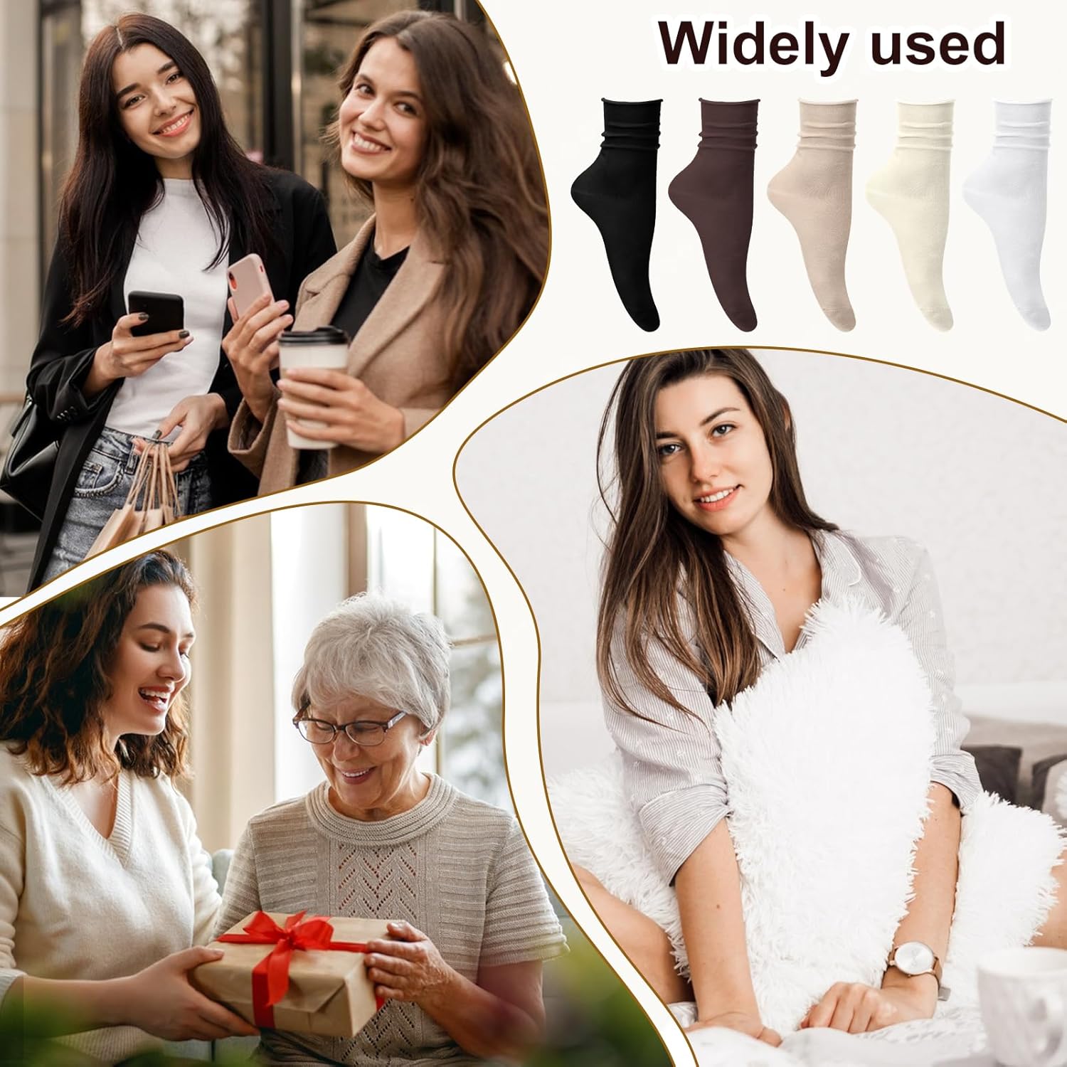 Womens Crew Socks, 5 Pairs Cotton Casual Crew Sock Slouchy Socks Cotton Roll Cuff Mid Roll Top Long Sock for Girls - Image 7