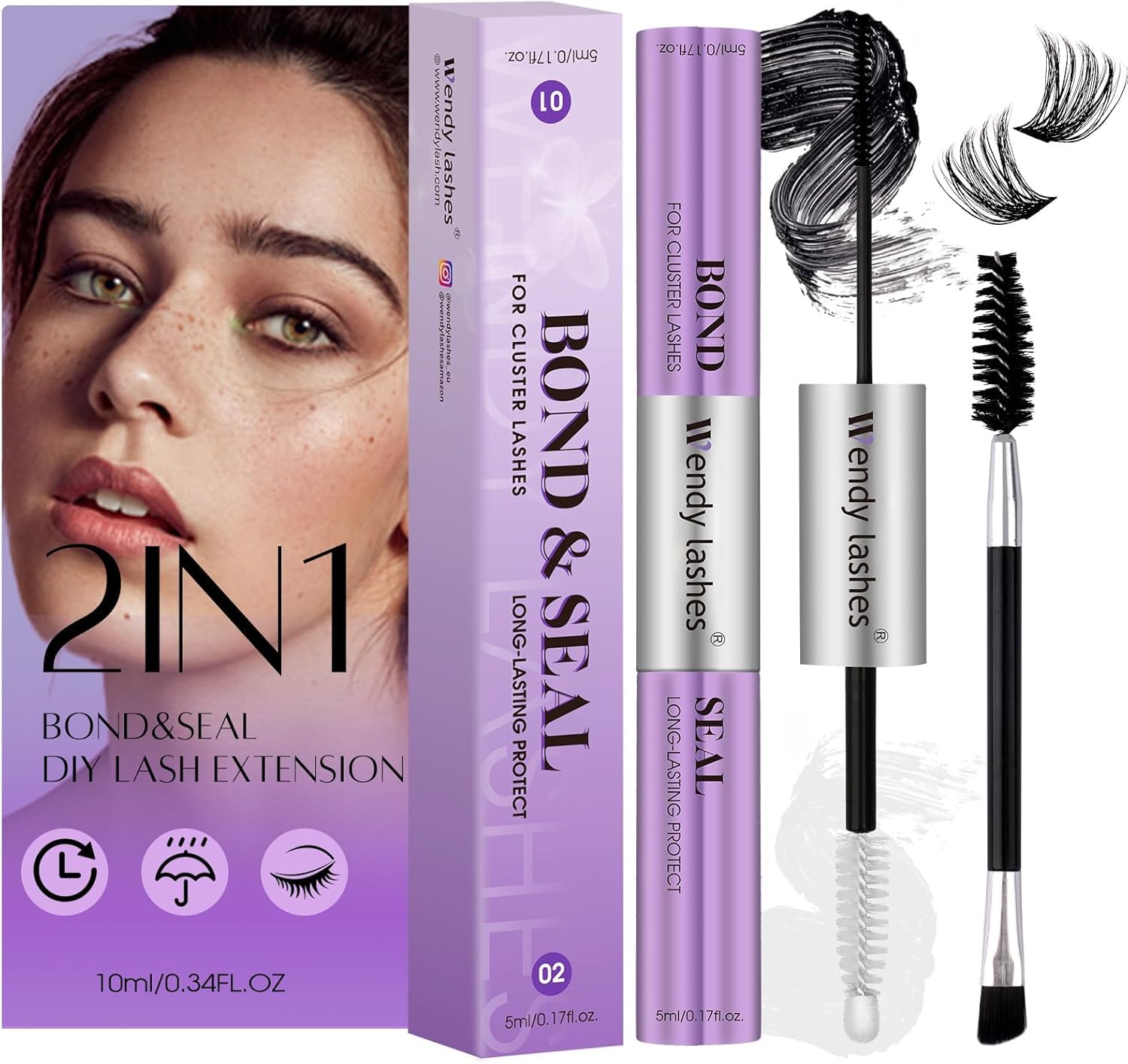 Lash Bond and Seal for Eyelash Cluster: 2 in 1 Glue, DIY, Strong & Flexible Hold, 5ml Black-Bond, 5ml Clear-Seal, Wendy Lashes, ST29-4