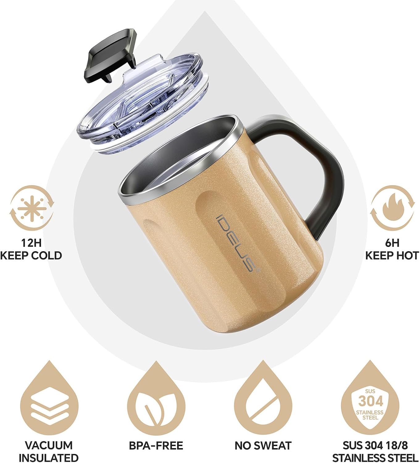 Ideus 16 oz Coffee Cup, Stainless Steel Coffee Travel Mug, Spill Proof Tea Mug with Handle and Lid, Lightweight and Durable, Great for Office Home and Outdoor Use, Golden-FUJI FLOW - Image 2