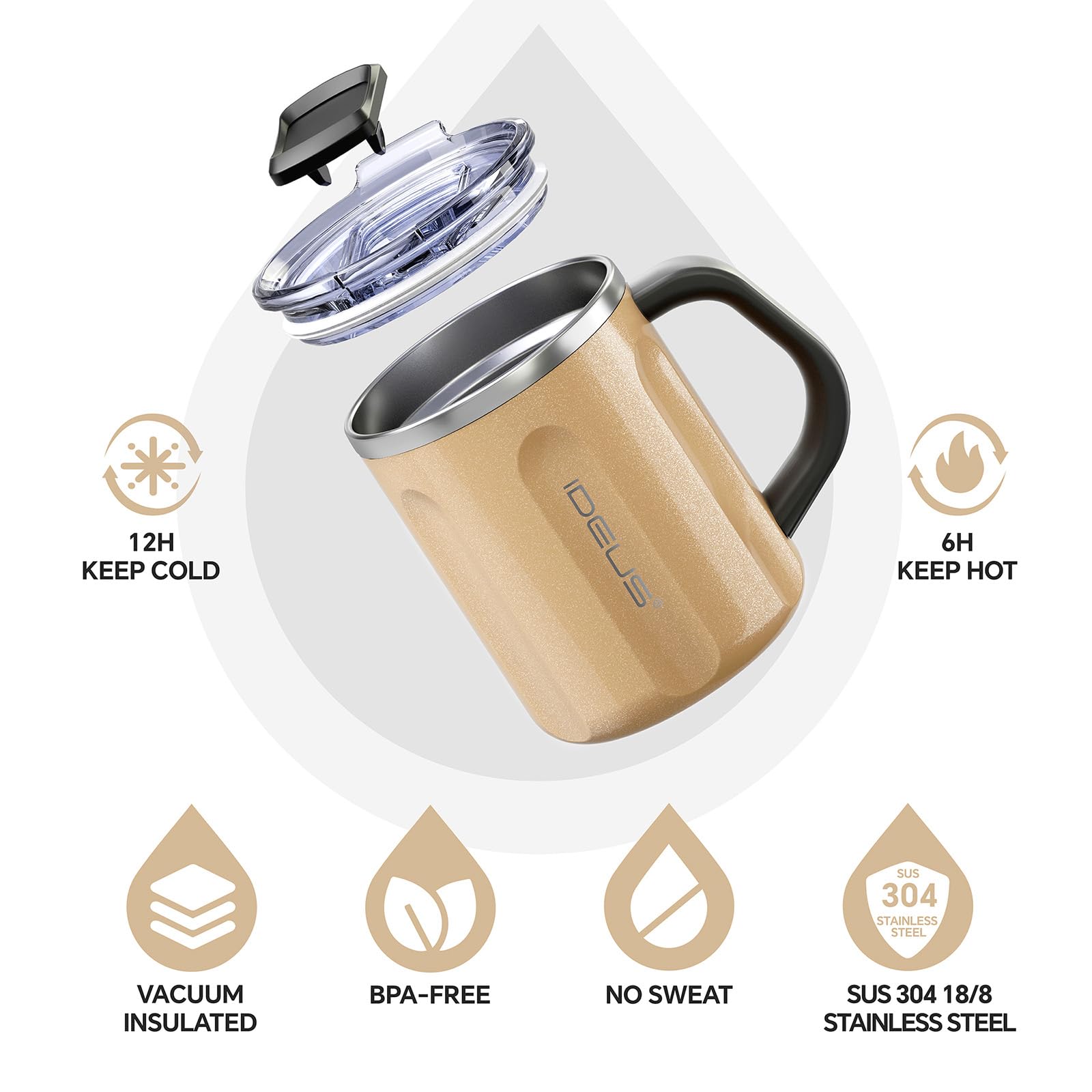 IDEUS Taza de café de 473 ml, taza de viaje de café de acero inoxidable, taza de té a prueba de derrames con asa y tapa, ligera y duradera, ideal para oficina, hogar y uso al aire libre, melocotón