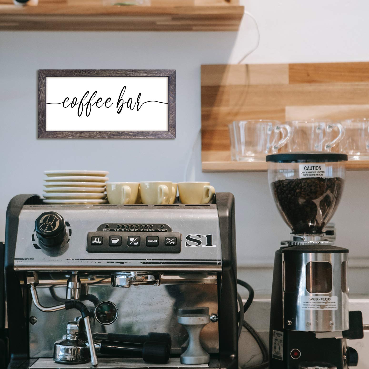 Coffee Bar Sign - Rustic Kitchen Sign, Farmhouse Kitchen Wall Decor, Modern Kitchen Decor Coffee Signs Wall Art Decor Solid Wood Frame, 16x6 inch (16x8 inch Black)