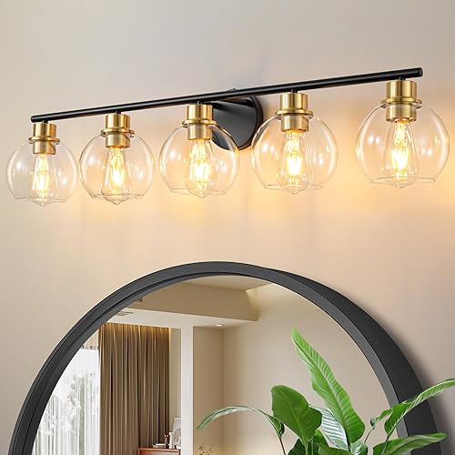 Miniatura 12 de Lámparas de baño sobre espejo, 2 luces, lámpara de tocador de baño con pantalla de vidrio transparente de 13.8 pulgadas, aplique de pared dorado de