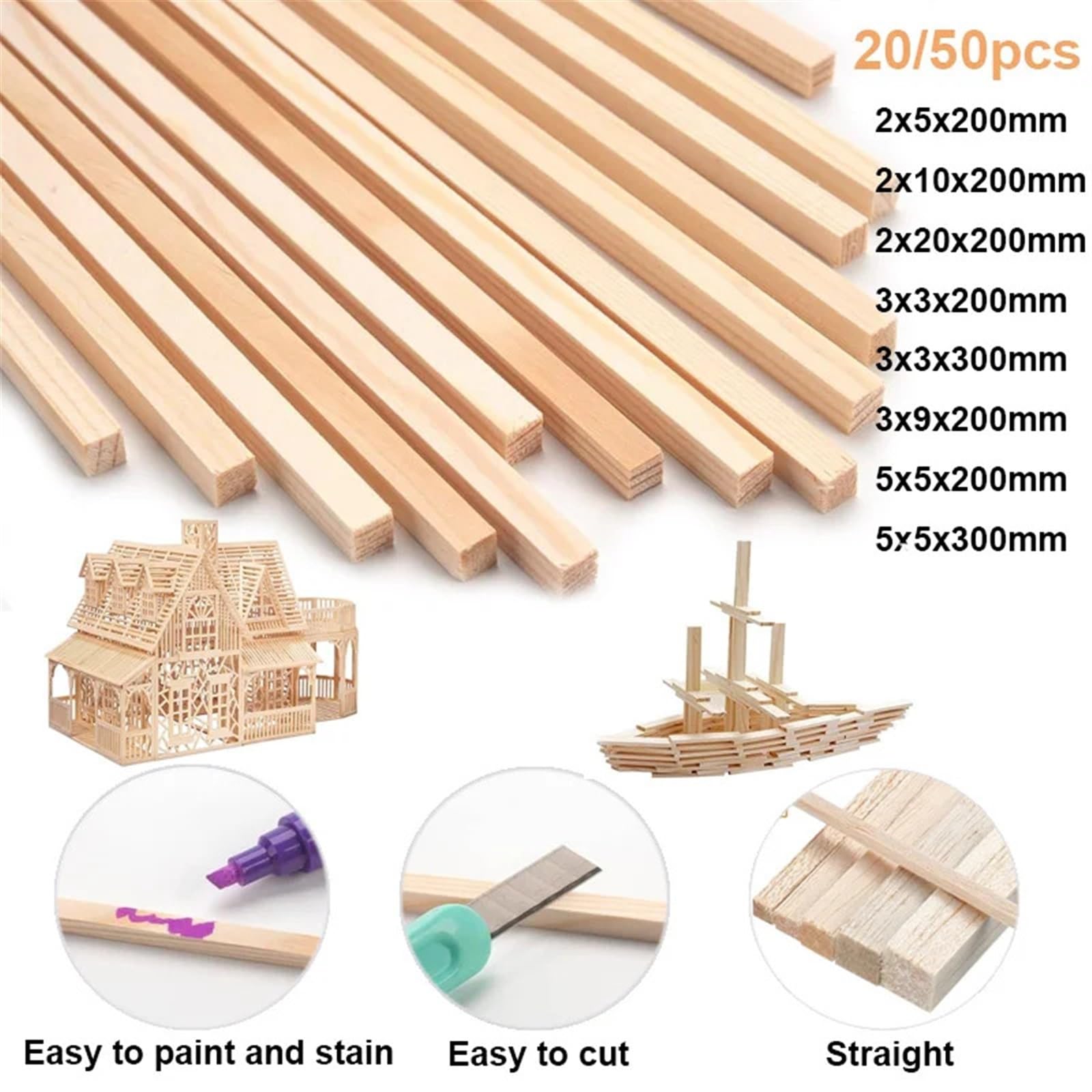 Baton Bois Loisir Creatif 20 à 50 pièces 2/3/5 mm bâton de balsa bois artisanat carré gourdin modèle construction sculpture bricolage fabrication accessoires(2x5x200mm 50pcs)
