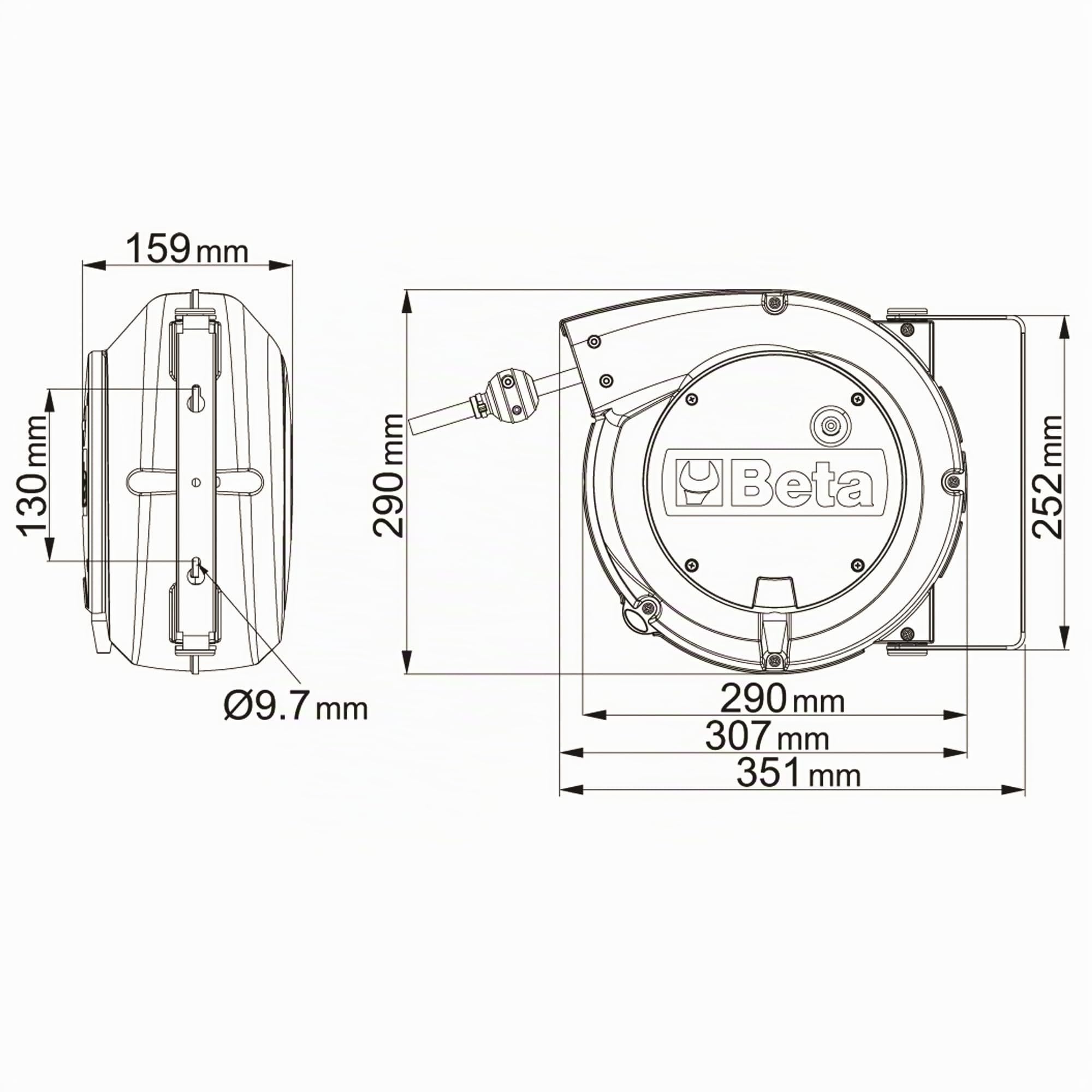 BETA - 1844 15-H05/SCK Bobinadora automática con cable 3Gx1,5 mm² y enchufe schuko, longitud del cable fuera de la carcasa 1 m, con soporte giratorio de 180° y segundo soporte de enclavamiento rápido,