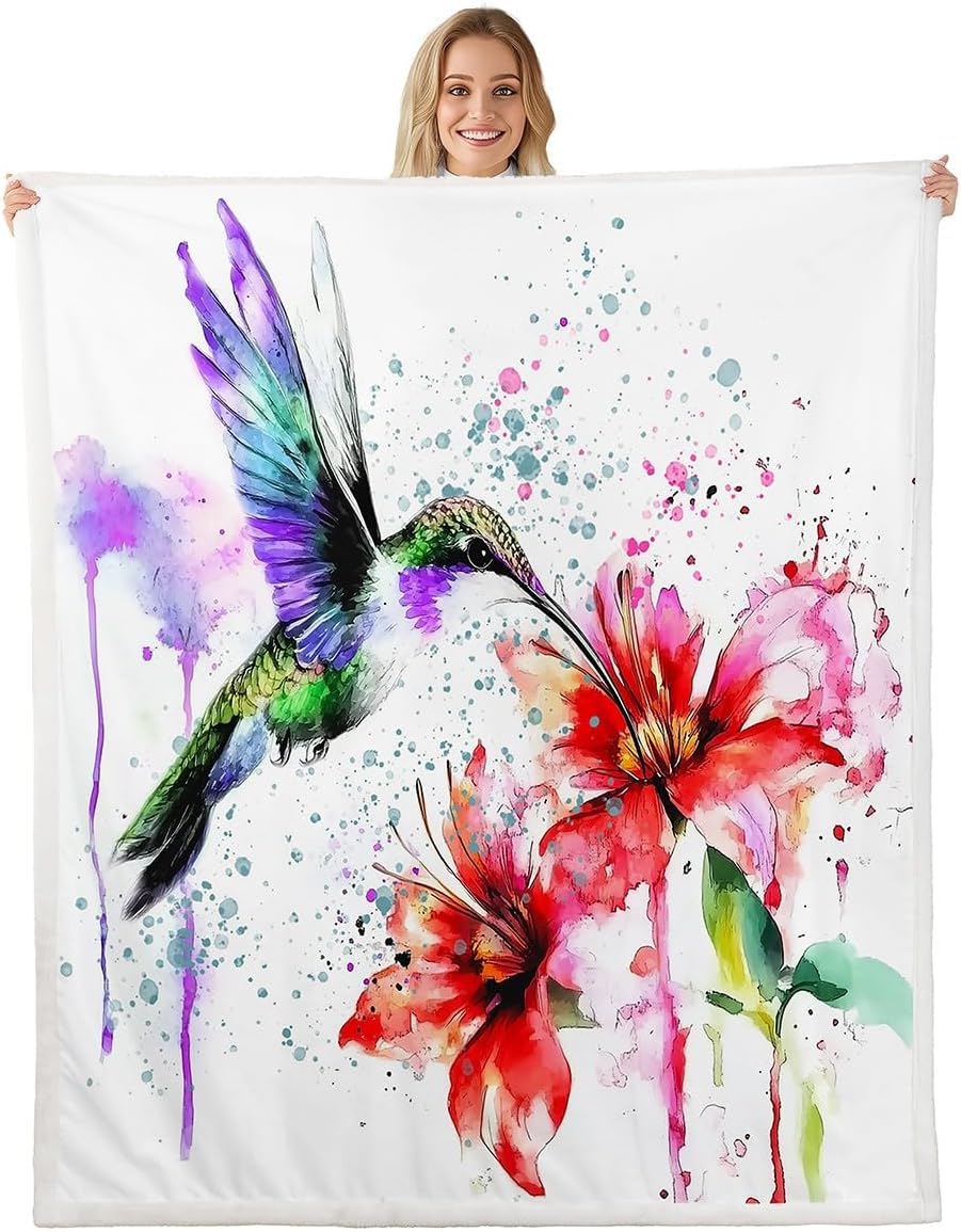 Erosebridal Hummingbird Throw Blanket Pink Plum Bossom Blanket 60"x80" Cute Animal Hummingbird Fleece Blanket for Girls Boys Children Flowers Rustic Style Sherpa Blanket