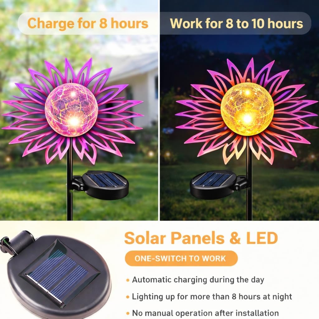 Solar Garden Lights Outdoor Decor, Metal Flower Solar Stake Light with Warm White Crackle Glass, Waterproof Yard Art Ornament for Patio Lawn Backyard, Unique Gardening Gifts for Women (Purple)