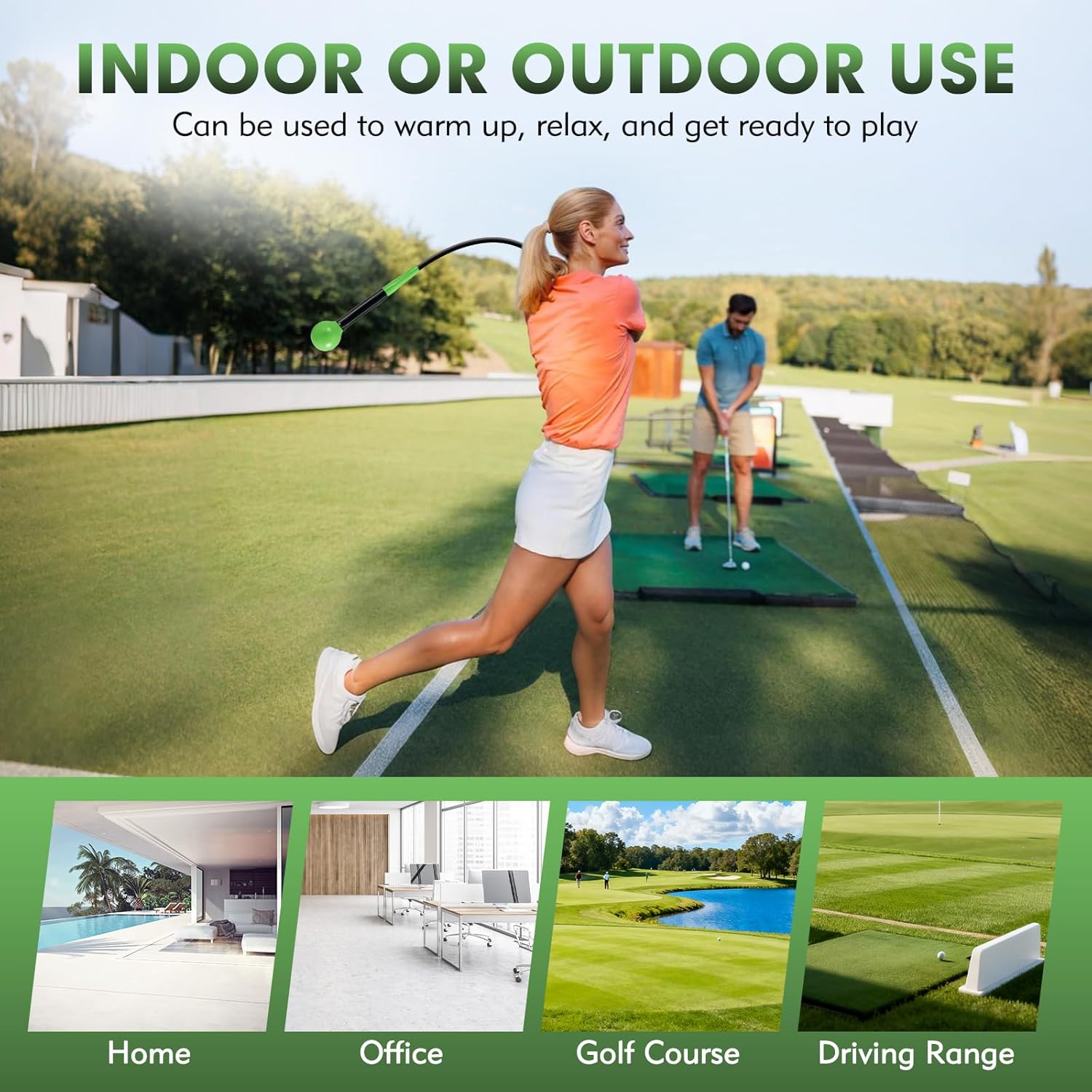 A graphic illustrating the benefits of the golf swing trainer: Tempo, Strength, Balance, Flexibility