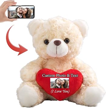 Personalised Teddy Bear with Photo & Custom Text on Heart, Stuffed Animal Holding Heart as 'I'm Sorry' Gift for Her/Him on Valentine's, Anniversary or Birthday Red Heart