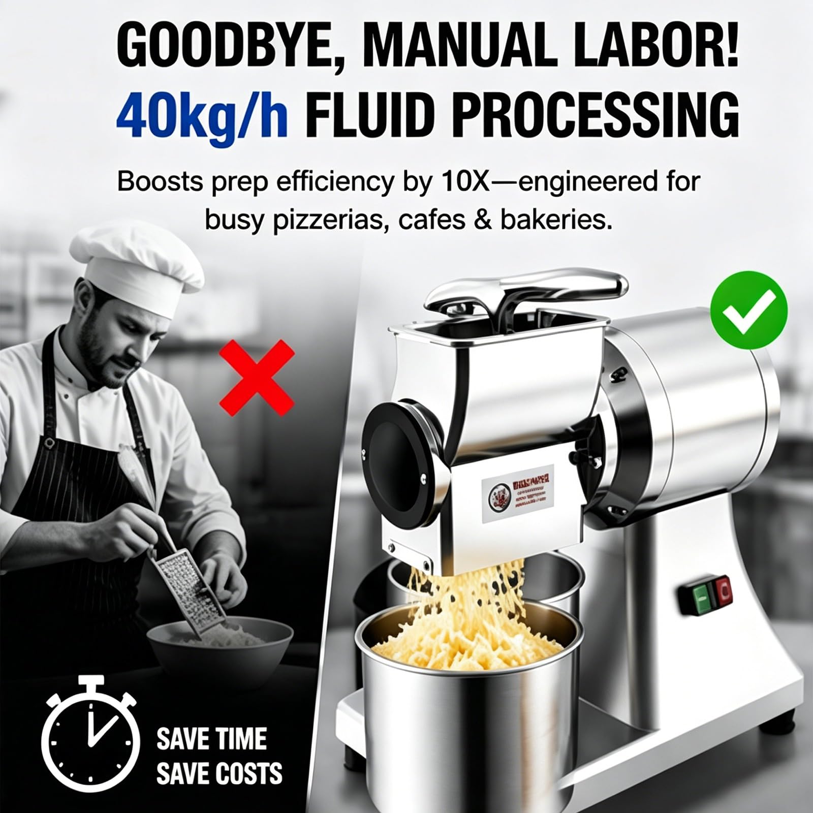 Grattugia per Parmigiano Elettrica da Banco, Macchina Commerciale Professionale 550W, Macinatore in Acciaio Inox e Allumina con Arresto Automatico a Leva