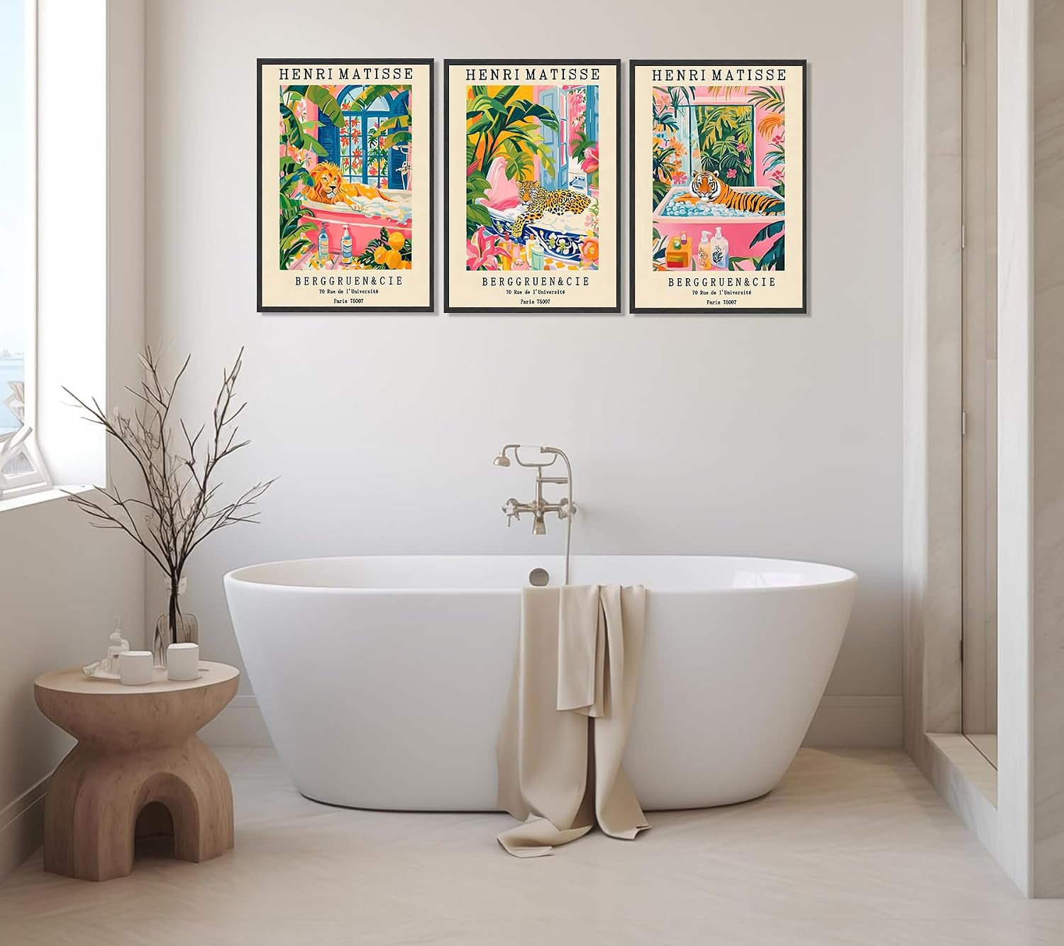 3Pc Vintage Henri Matisse Style Wall Art Tiger Lion Leopardin Bathtub Funny Animals Posters Artwork Tropical Botanical Floral Painting Pictures Wall Decor for Bathroom Home Decoration 12x16In Unframed