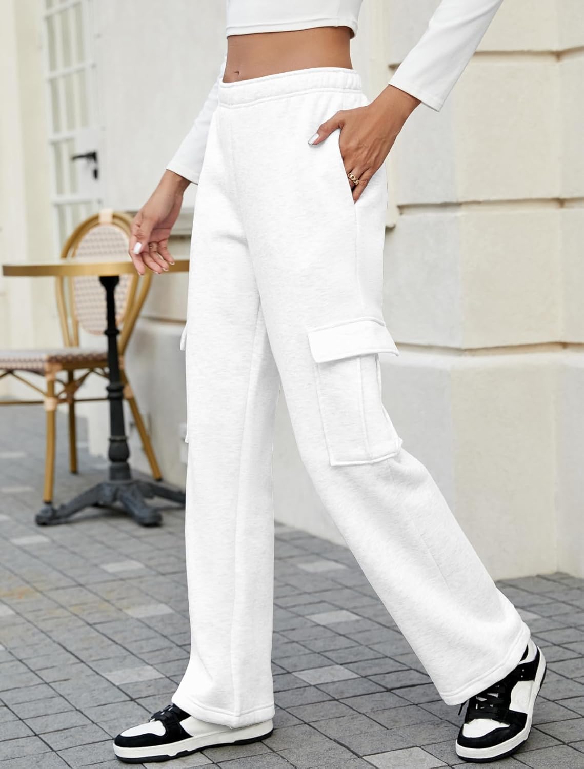 MOYEE Womens Cargo Sweatpants High Waisted Straight Leg Fleece Lined Sweat Pants with 4 Pockets - Image 2