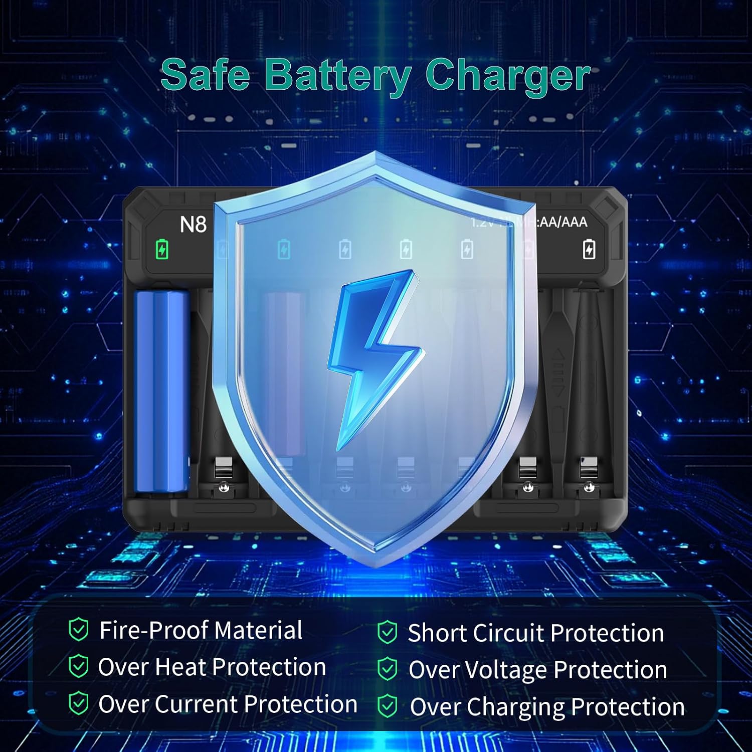 AA AAA Battery Charger, 8 Bay Smart Charger for Ni-MH Ni-CD Rechargeable Batteries, Independent Control Battery Charger with 5V 2A Fast Charging Function and LED Light