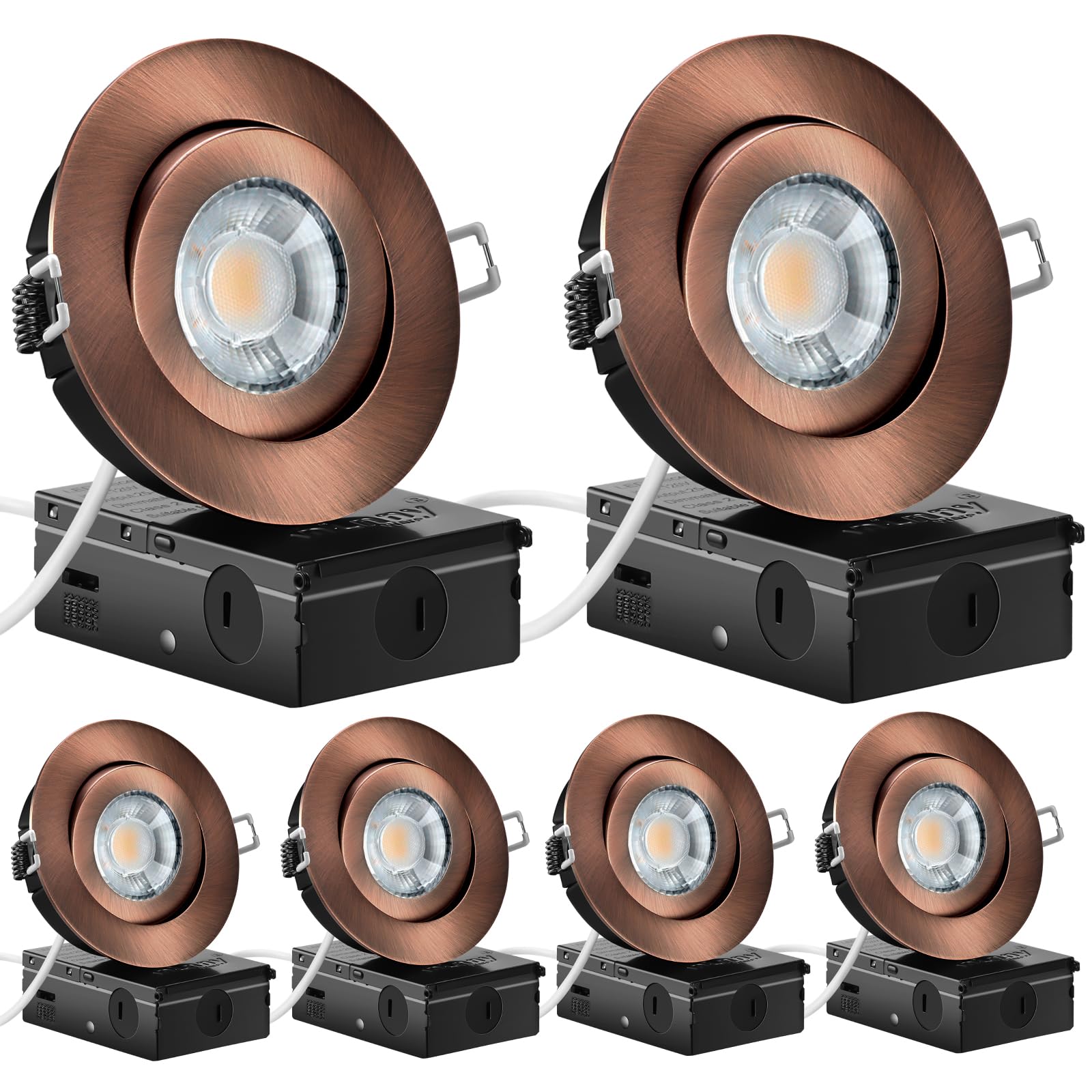 Bronze 4 Inch Led Recessed Lights 6 Pack, Eyeball Gimbal Soffit Lights with Junction Box,5CCT Selectable,9W 750LM，Dimmable