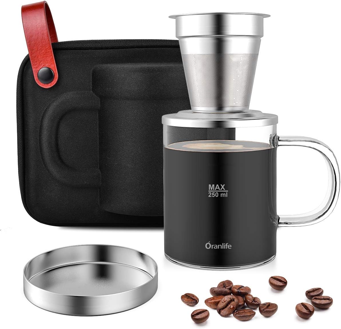 Oranlife Pour Over Coffee Maker Set for Travel/Camping/Hiking, Single Cup, Stainless Steel Coffee Filter, 14 Oz Borosilicate Glass Mug, Extra Permanent Lid and Moulded Neoprene Case, at Home/Office