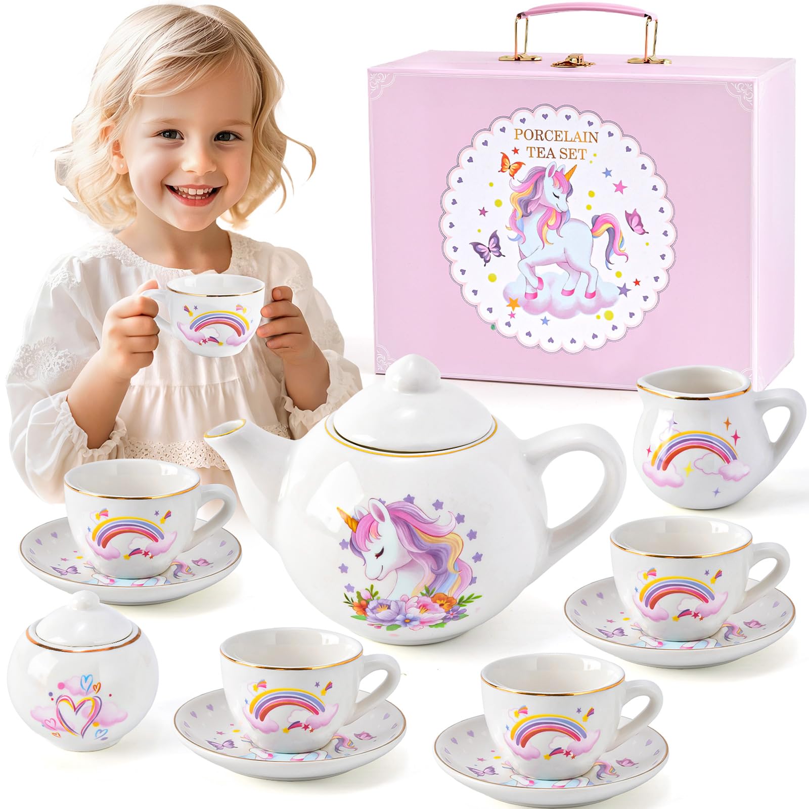 TUZT Porcelain Tea Party Set for Little Girls Kids Toddlers, 13Pcs Unicorn Tea Set - Teapot & Cup & Saucer & Suitcase,Pretend Play Toys Kitchen Set - Christmas Birthday Gift for Girls