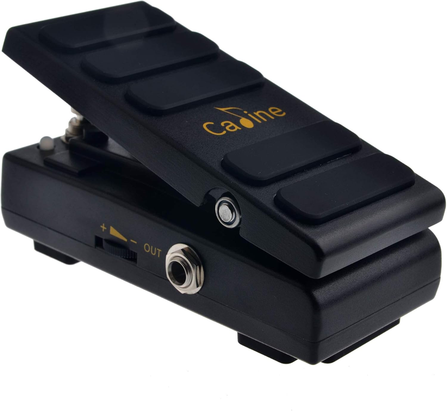 Caline CP-31 Wah + Volume Pedal, angled view showing the output jack and volume control knob.