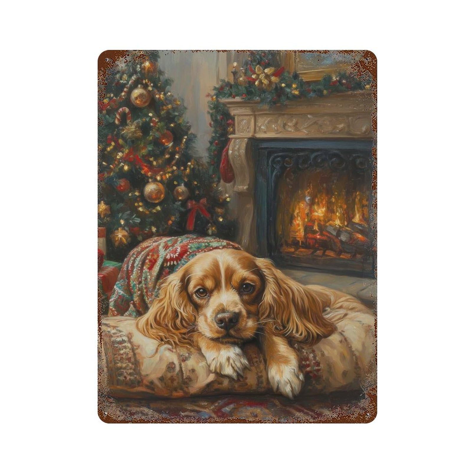 Cavalier King Charles Spaniel Christmas Painting Decorative Tin Sign 15.7"x11.8", for Bistro, Counter And Cafe Decor, Retro Wall Decor