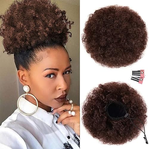 Afro Puff - Cordón de extensión de coleta para mujeres negras, coleta afro sintética corta premium para cabello natural, clip en rizado cordón