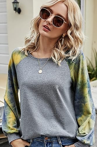 Miniatura 2 de YOCUR Sudadera ligera con cuello redondo y teñido anudado para mujer, estilo casual, holgada, de moda, mangas abombadas, manga larga