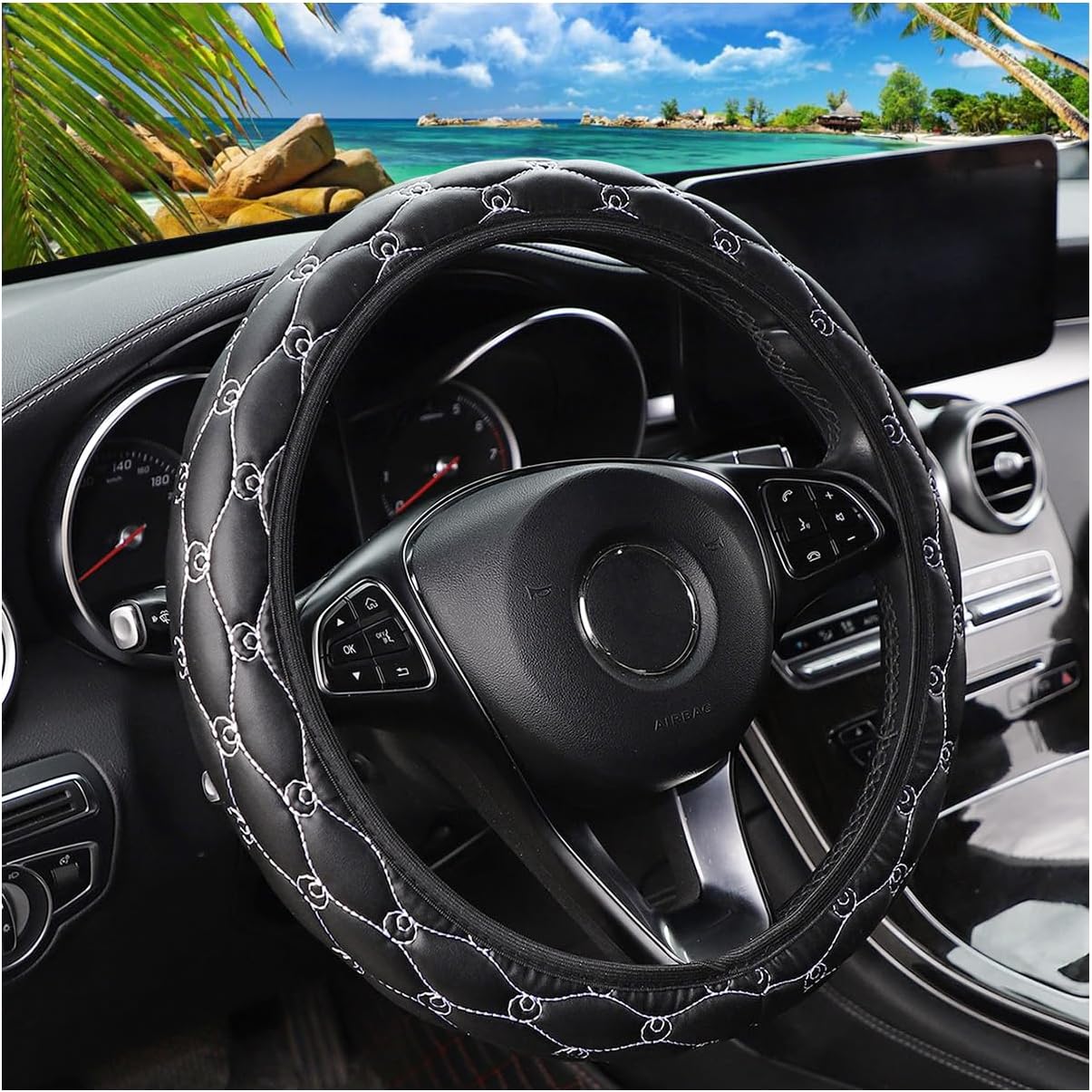 Car Steering Wheel Cover, PU Leather Non-Slip Lantern Pattern Vehicle Steering Wheel Cover Protection, Breathable Automotive Interior Protecter Accessories, Universal Fit (Black) thumbnail