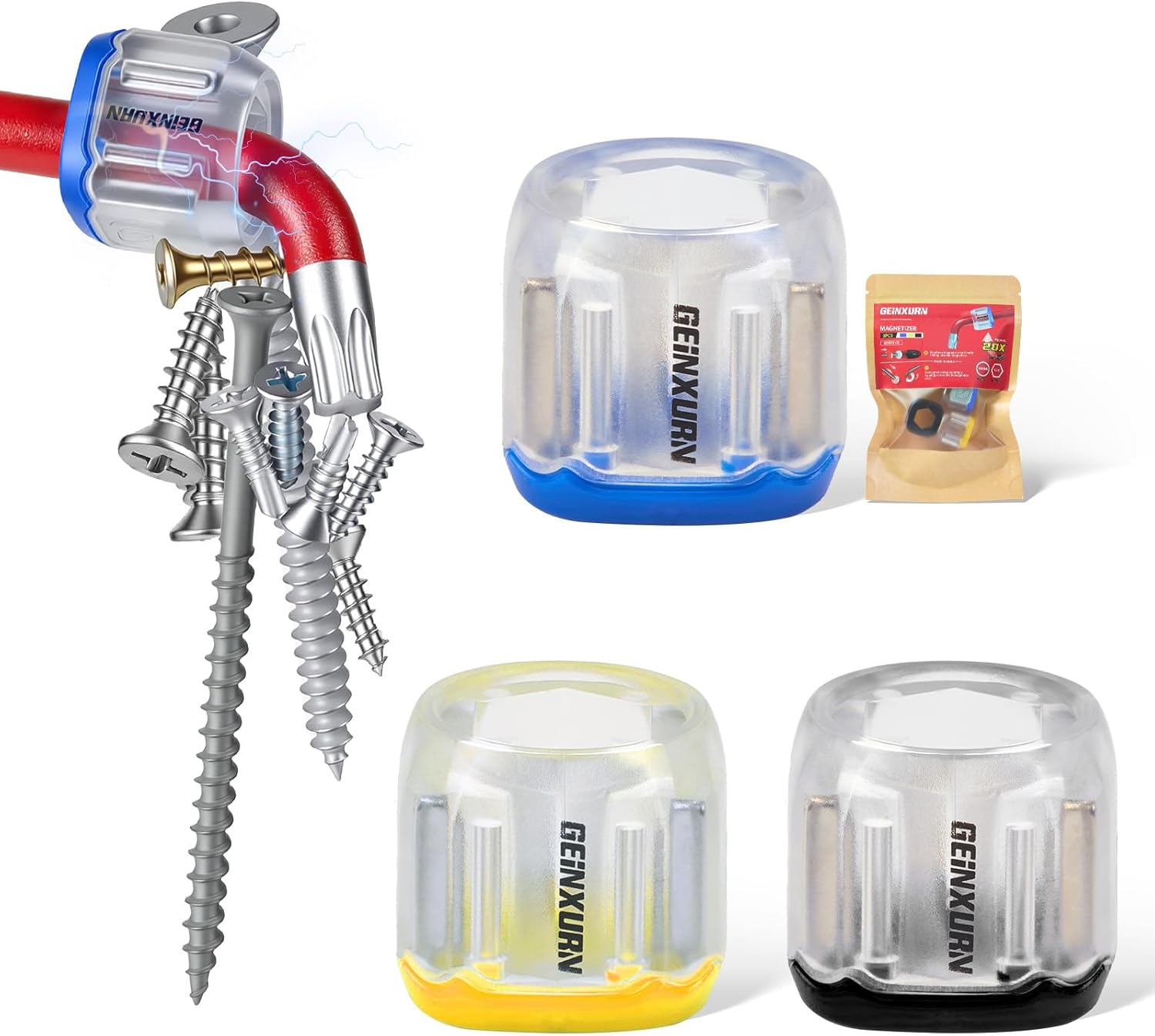 Geinxurn 3Pieces Multipurpose Magnetic Screw Holder Set, Removable Magnetizer Rings for Hex Bits, Compatible with Screwdrivers, Power Drills and Hex Wrenches, Applicable Size 6-12mm(Yellow,Blue,Black)