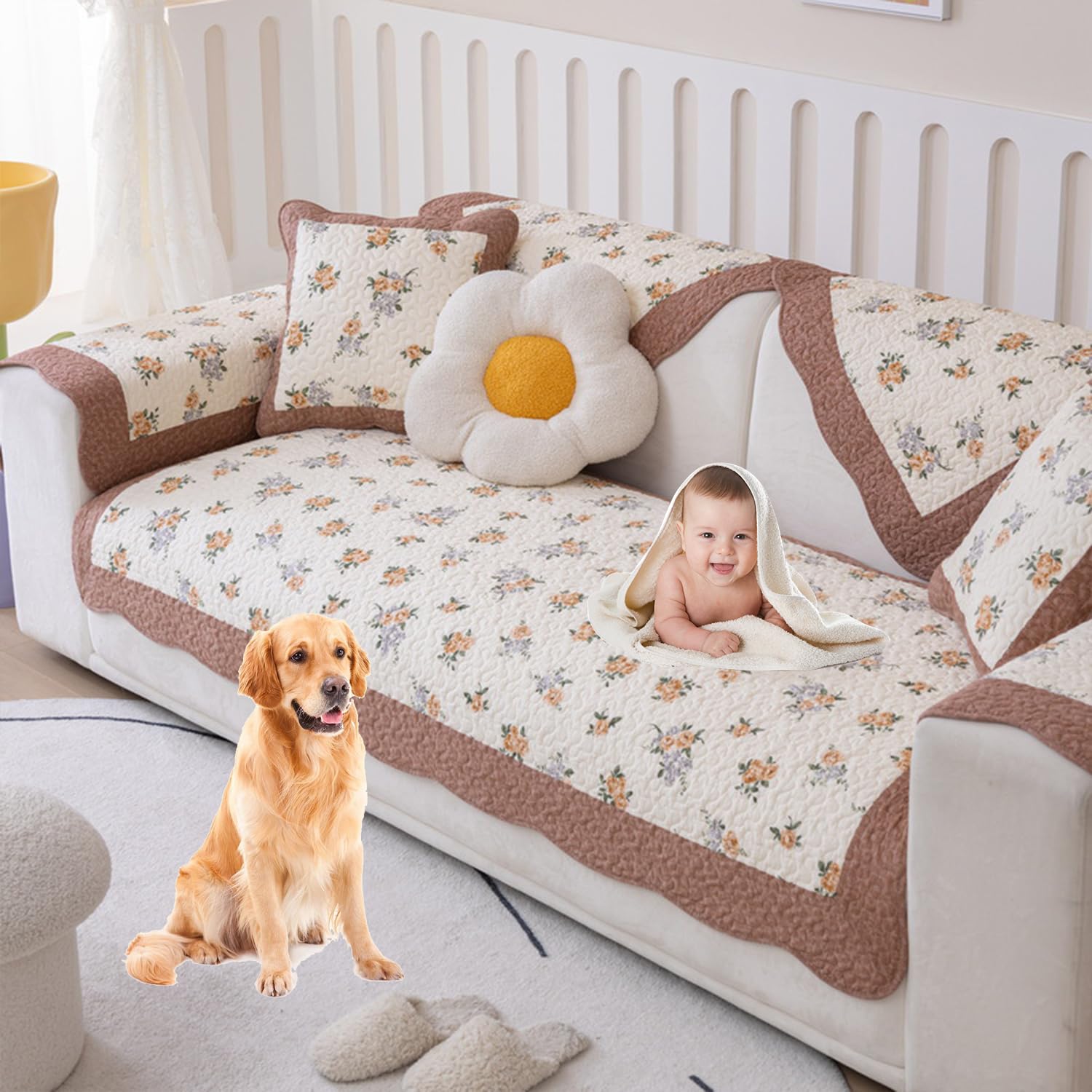 Housse de canapé coton imprimé floral rustique sectionnelle 110x210cm