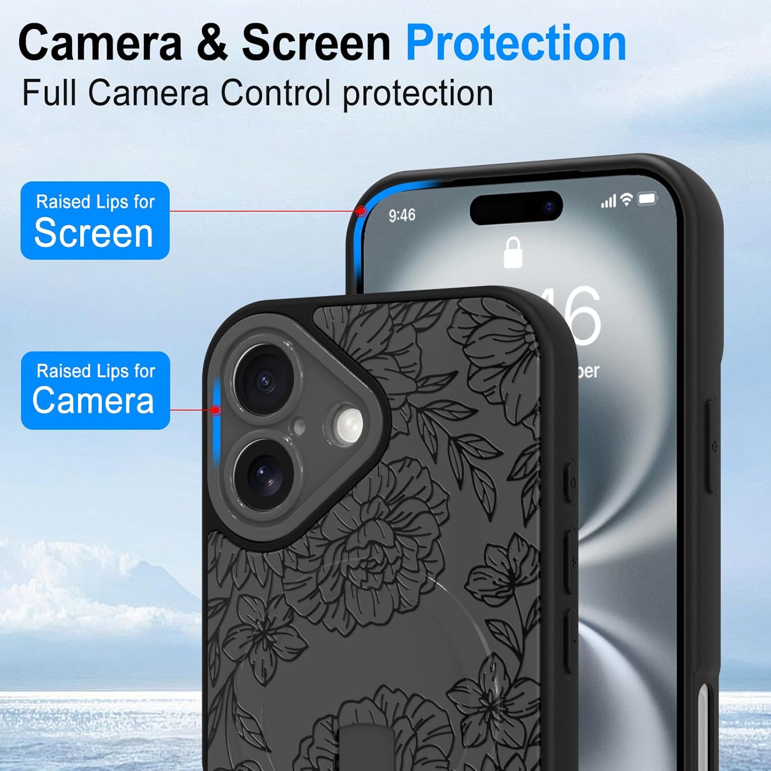 Designed for iPhone 16 Black Line Peony Floral Pattern Case [Compatible with Magsafe] with Finger Strap Kickstand Shockproof Anti Drop Camera Protective for Girls Women