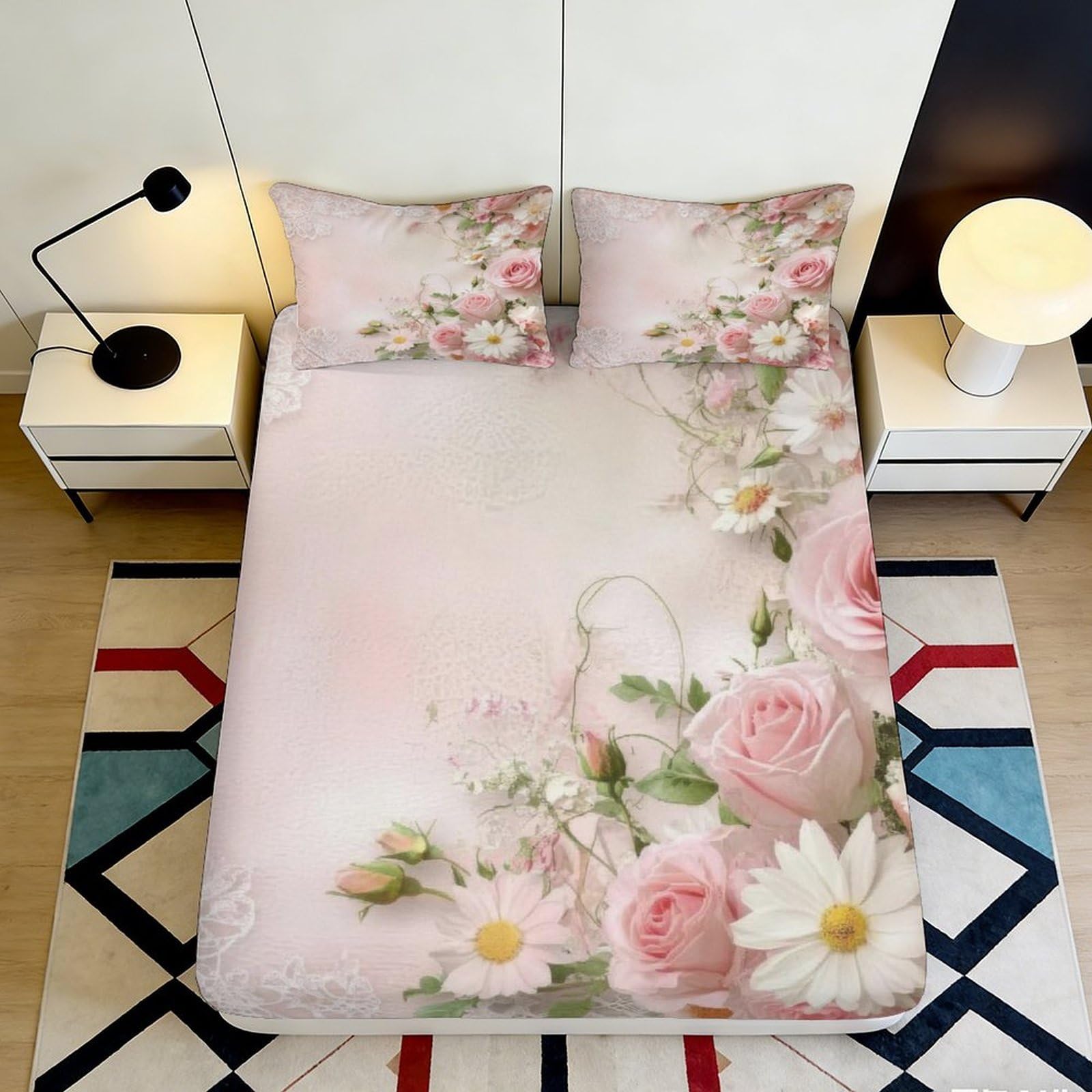 3D Printed floral fitted sheet pink rose daisy Microfiber soft touch for home bedroom guest bedding decor wrinkle resistant 90x200x25cm
