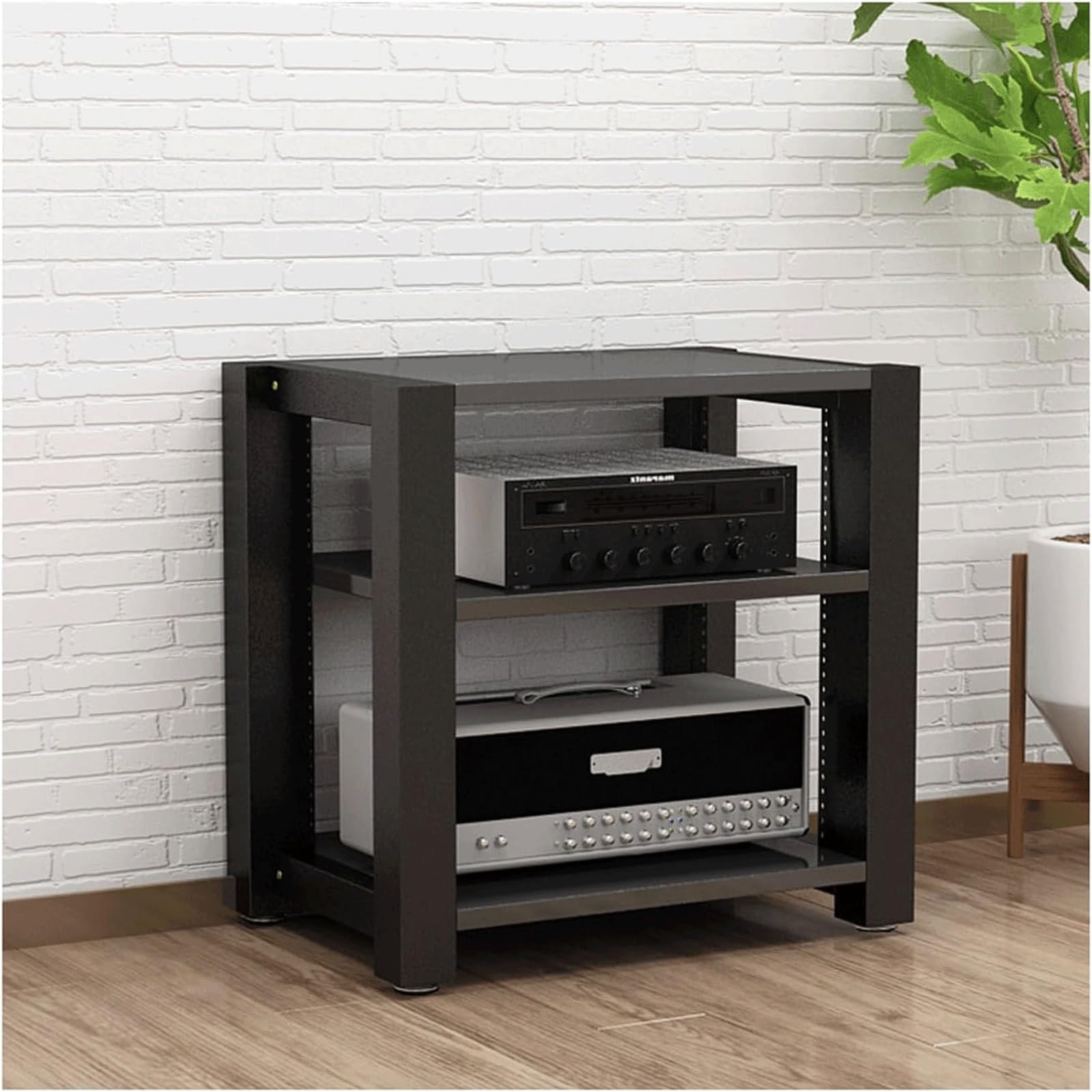 Scaffale aperto regolabile a 3 ripiani, versatile per HiFi, video e decorazioni per la casa, design in metallo nero e legno, perfetto per organizzare piccoli spazi