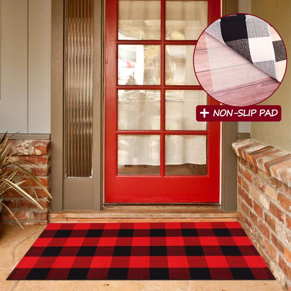 Buffalo Checkered Rugs Outdoor with Anti-Slip Mat, 23.6X35.4 Inches Plaid Rug Red and Black Doormat Washable Cotton Woven Layered Door Mats for Kitchen/Farmhouse/Porch